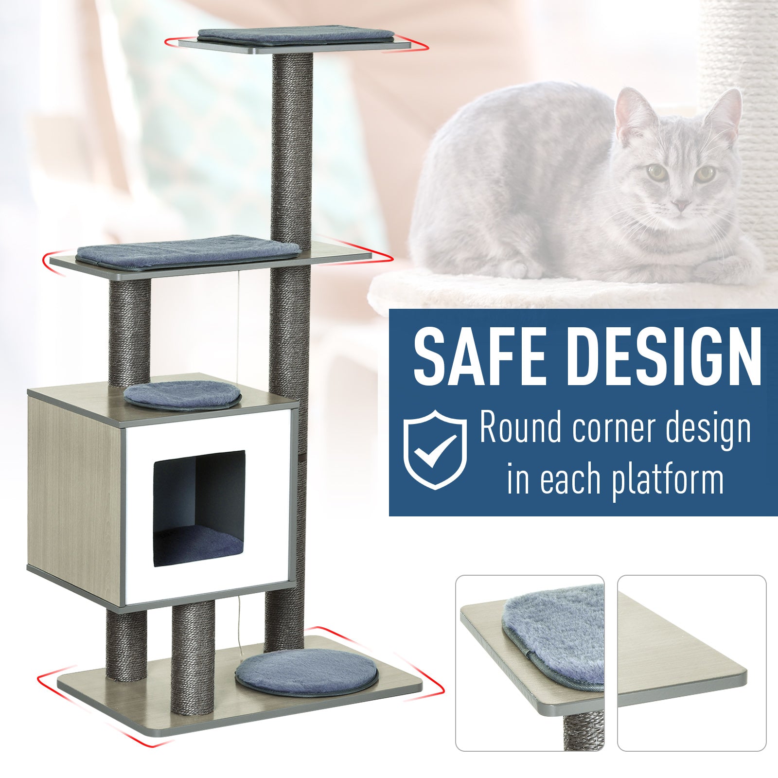 47" Wood Cat Tree, Cat Condo Tower with Scratching Post, Toy Ball, Grey