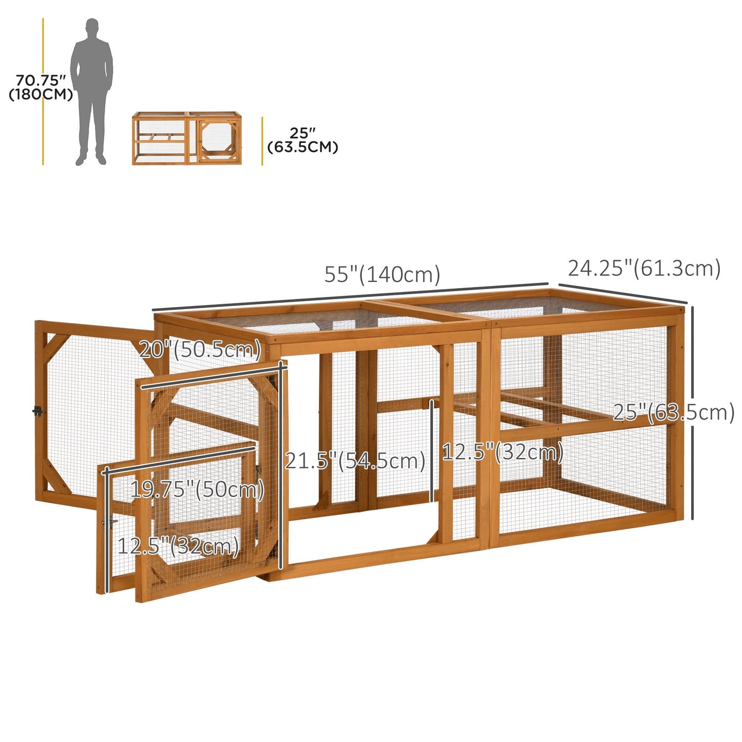 55" Wooden Chicken Coop Extension, Chicken Cage Outdoor with Roosting Bars, Combinable Design Chicken Run Hen House, Orange