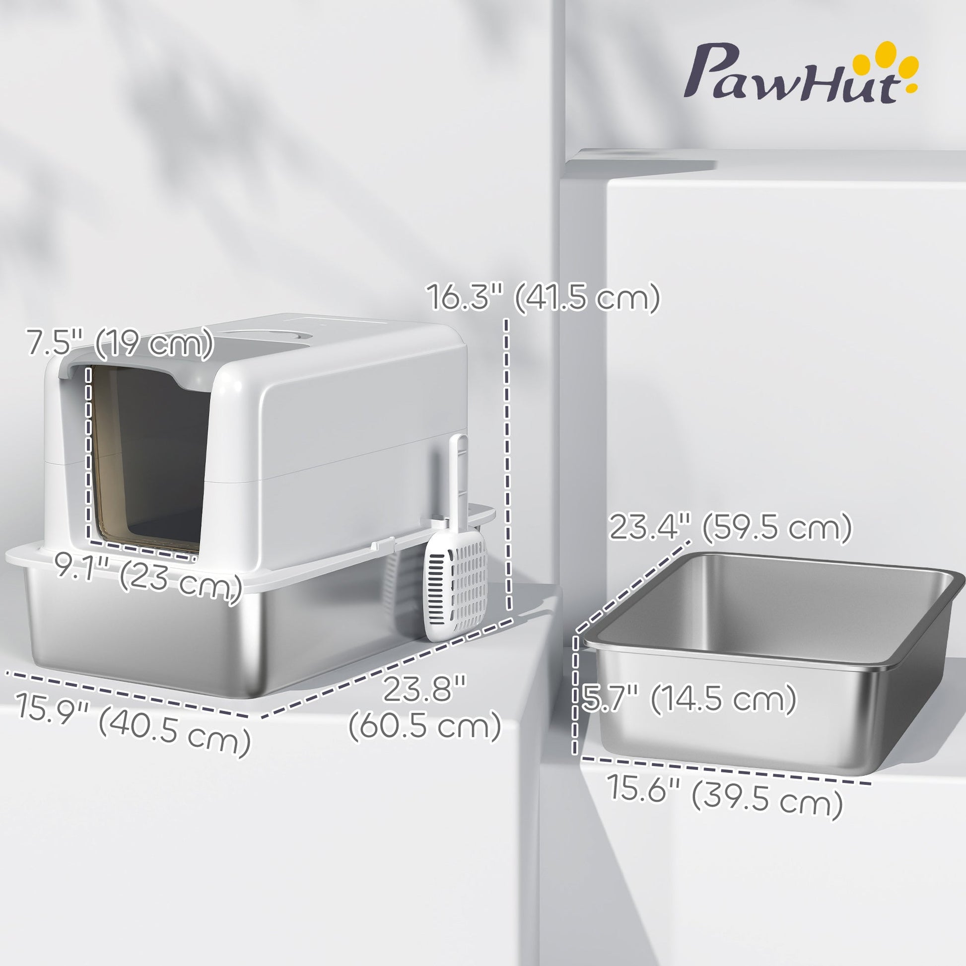 Stainless Steel Cat Litter Box with Removable Lid, Extra Large Litter Box with Scoop, Metal Litter Box for Small to Large Cats, Easy to Clean, White