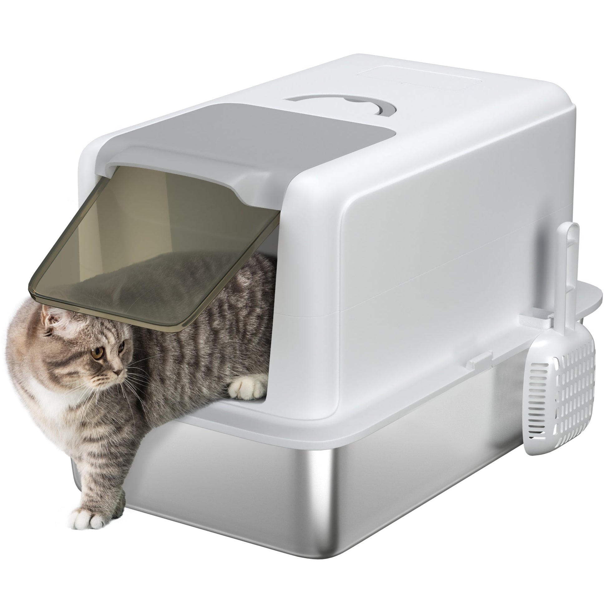 Stainless Steel Cat Litter Box with Removable Lid, Extra Large Litter Box with Scoop, Metal Litter Box for Small to Large Cats, Easy to Clean, White