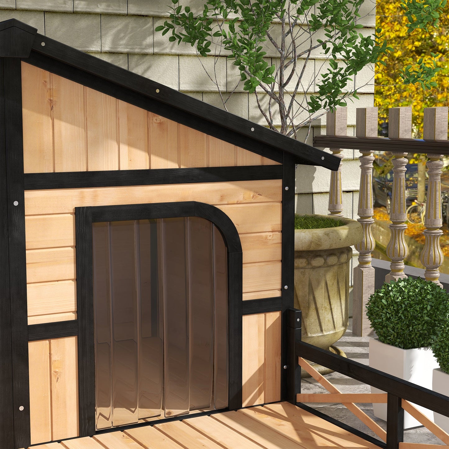 Dog House Outdoor, Extra Large Luxury Elevated Pet Bed for 2 Small Medium Dogs, Waterproof Dog Shelter with Porch Deck, 59" x 64" x 39", Natural Wood