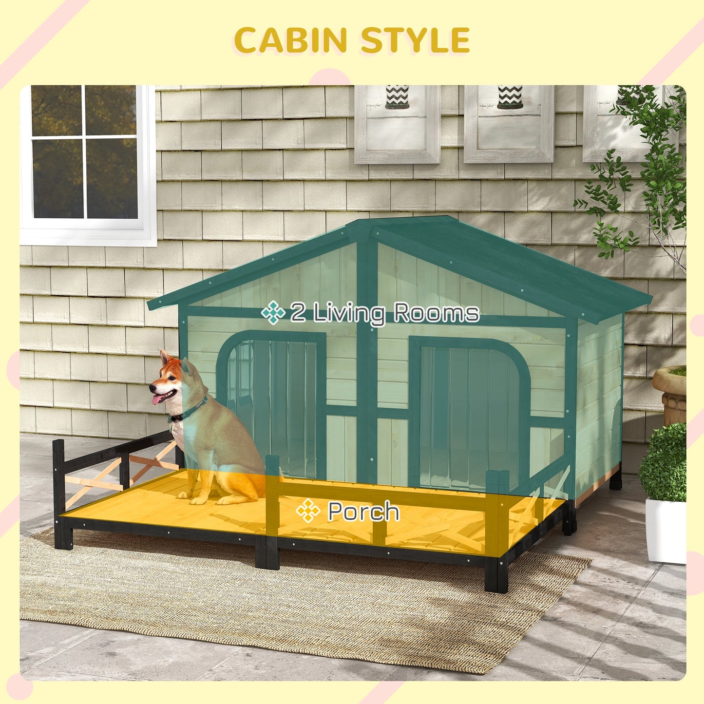 Dog House Outdoor, Extra Large Luxury Elevated Pet Bed for 2 Small Medium Dogs, Waterproof Dog Shelter with Porch Deck, 59" x 64" x 39", Natural Wood