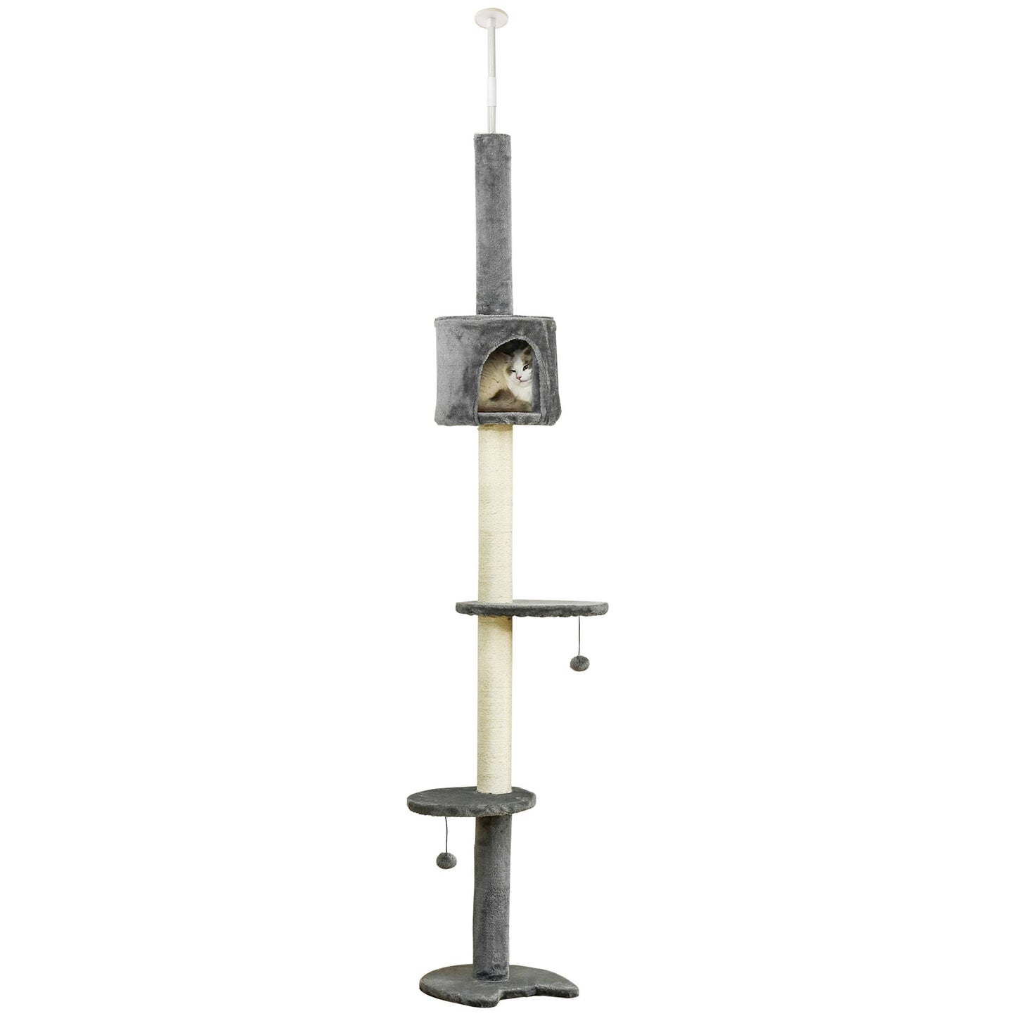 4-Tier Floor to Ceiling Cat Tree, Tall Cat Tower with Scratching Post, Plush Padding, Toy Ball, Cat Condo for Indoor Cats, Light Grey