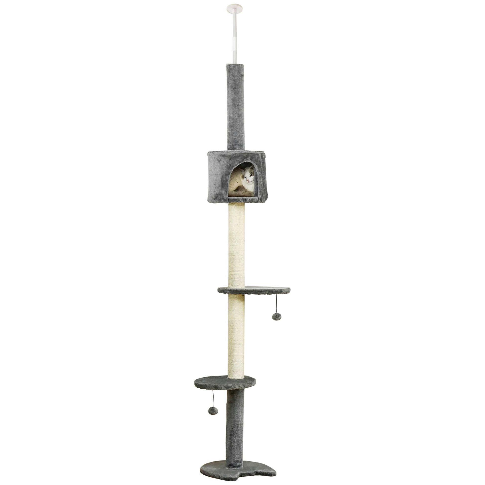 4-Tier Floor to Ceiling Cat Tree, Tall Cat Tower with Scratching Post, Plush Padding, Toy Ball, Cat Condo for Indoor Cats, Light Grey