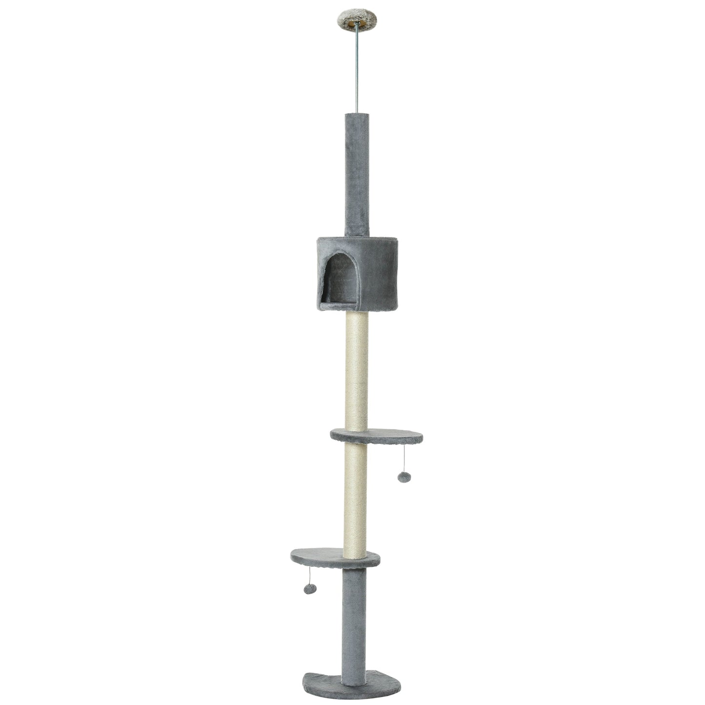 4-Tier Floor to Ceiling Cat Tree, Tall Cat Tower with Scratching Post, Plush Padding, Toy Ball, Cat Condo for Indoor Cats, Light Grey