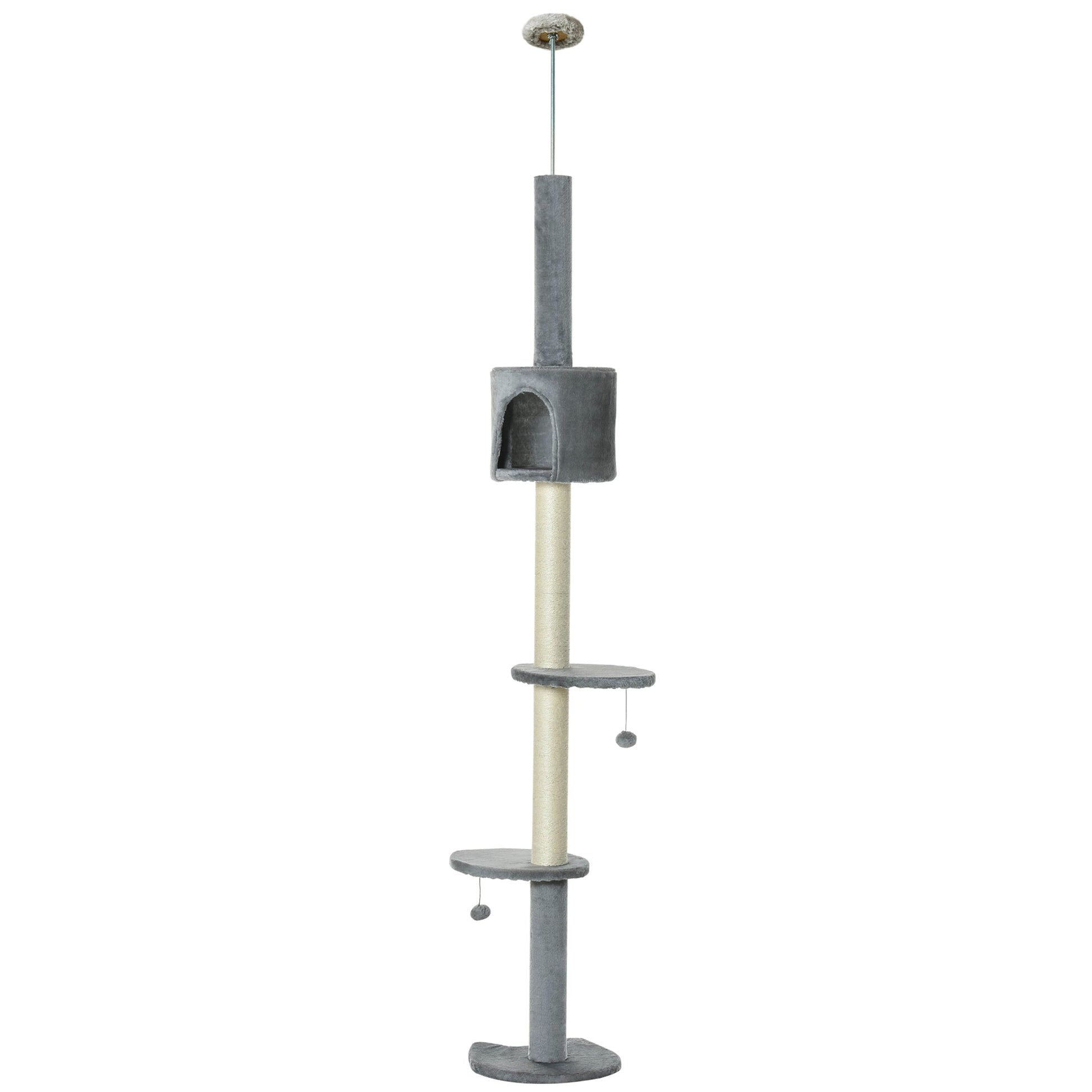 4-Tier Floor to Ceiling Cat Tree, Tall Cat Tower with Scratching Post, Plush Padding, Toy Ball, Cat Condo for Indoor Cats, Light Grey