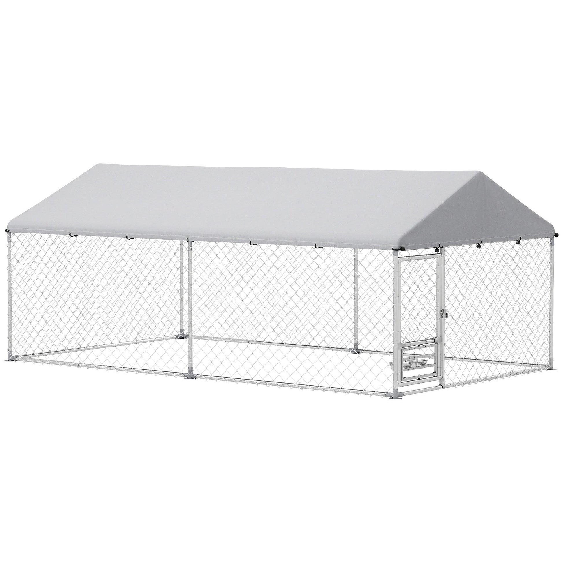 Outdoor Dog Kennel with Roof, Heavy Duty Dog Run Outdoor Fence Cage with Adjustable & Rotating Bowls, Waterproof UV-Resistant Cover, Secure Lock, 13.1' x 7.5' x 5.2'