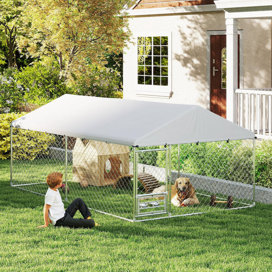 Outdoor Dog Kennel with Roof, Heavy Duty Dog Run Outdoor Fence Cage with Adjustable & Rotating Bowls, Waterproof UV-Resistant Cover, Secure Lock, 13.1' x 7.5' x 5.2'