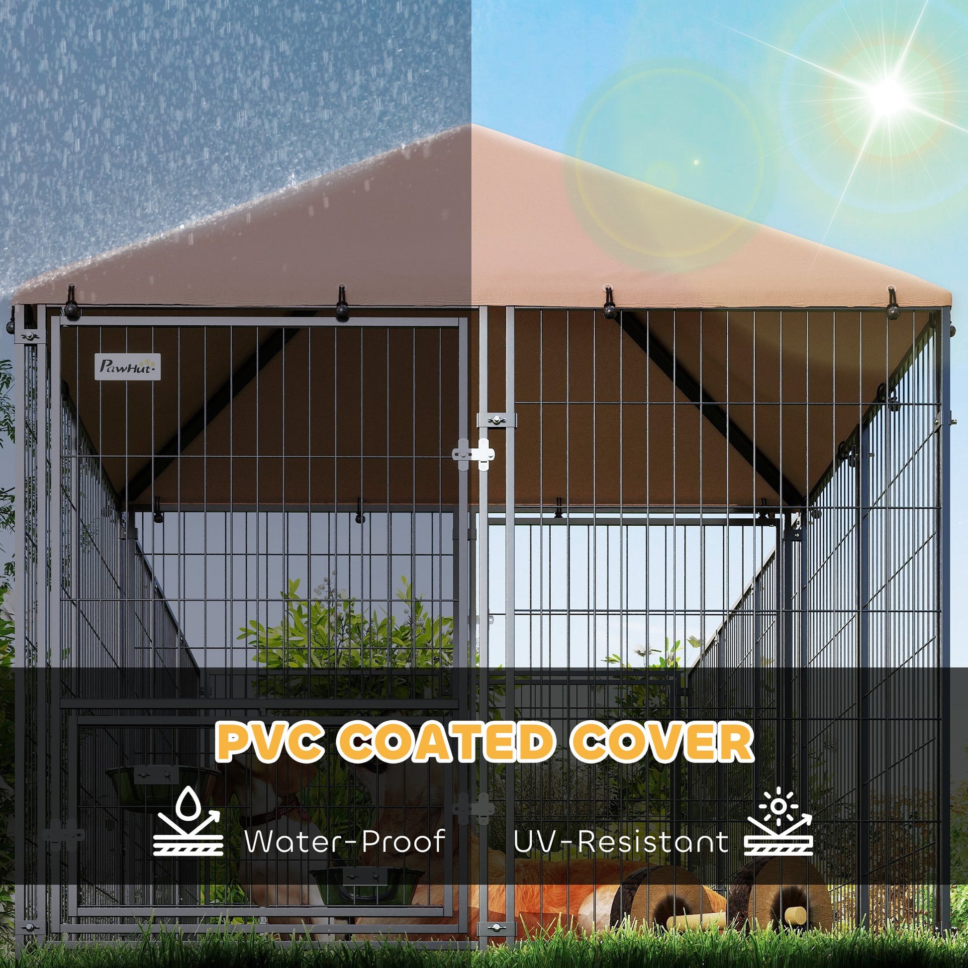 Outdoor Dog Kennel, Dog Run Outdoor with Rotating and Adjustable Height Bowls, Waterproof UV-Resistant Cover, Secure Lock, 11.3' x 4.7' x 5.1'