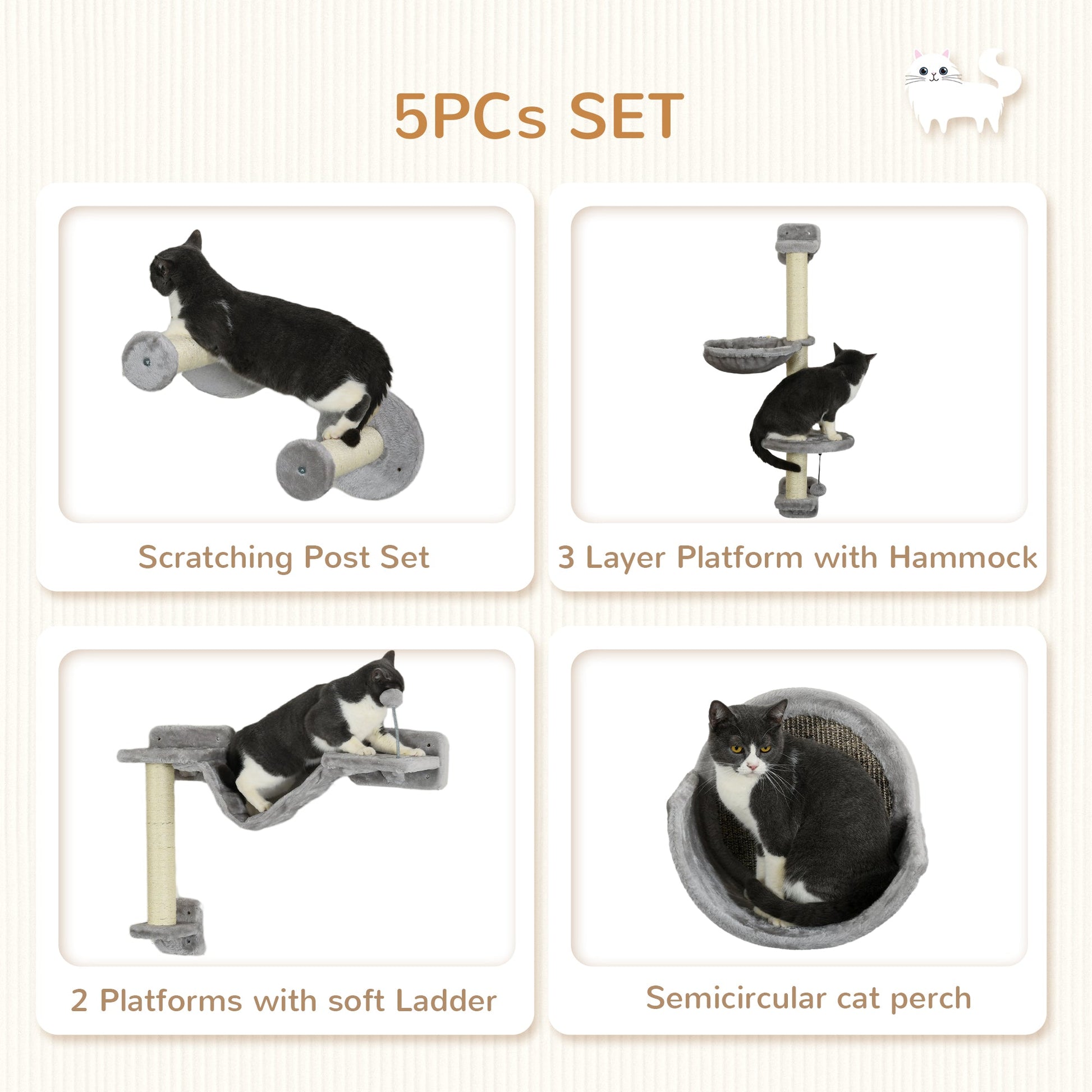 Cat Wall Shelves, 5PCs Cat Shelves with Scratching Post, Perches, Bridge, Steps, Condo, Hammock, Wall Mounted Cat Climber, Light Grey