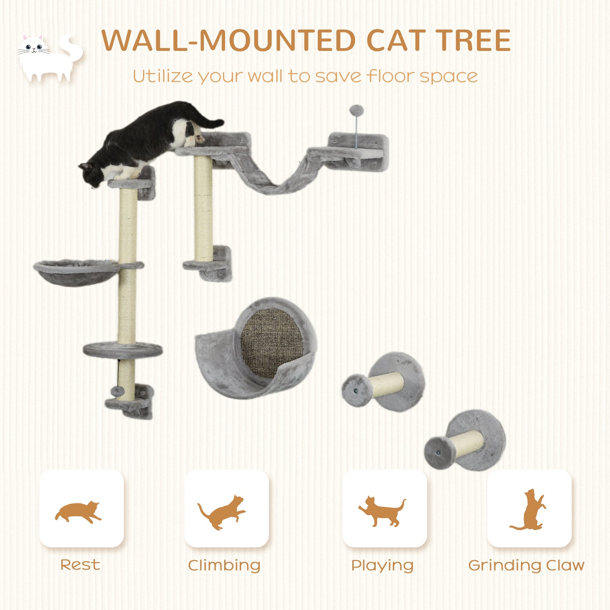Cat Wall Shelves, 5PCs Cat Shelves with Scratching Post, Perches, Bridge, Steps, Condo, Hammock, Wall Mounted Cat Climber, Light Grey