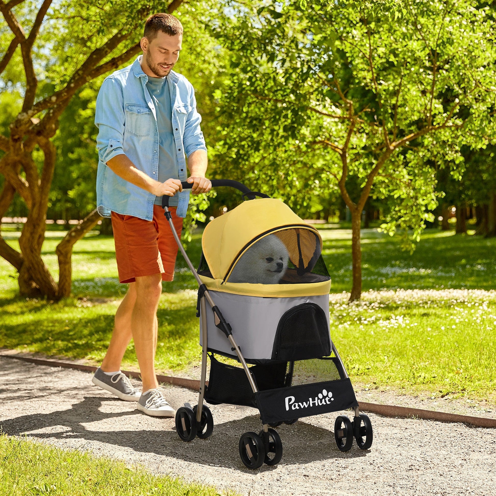 4 Wheels Pet Stroller, 3 in 1 Dog Cat Travel Folding Carrier, for Small Dogs, Detachable, w/ Brake, Canopy, Basket, Storage Bag - Yellow