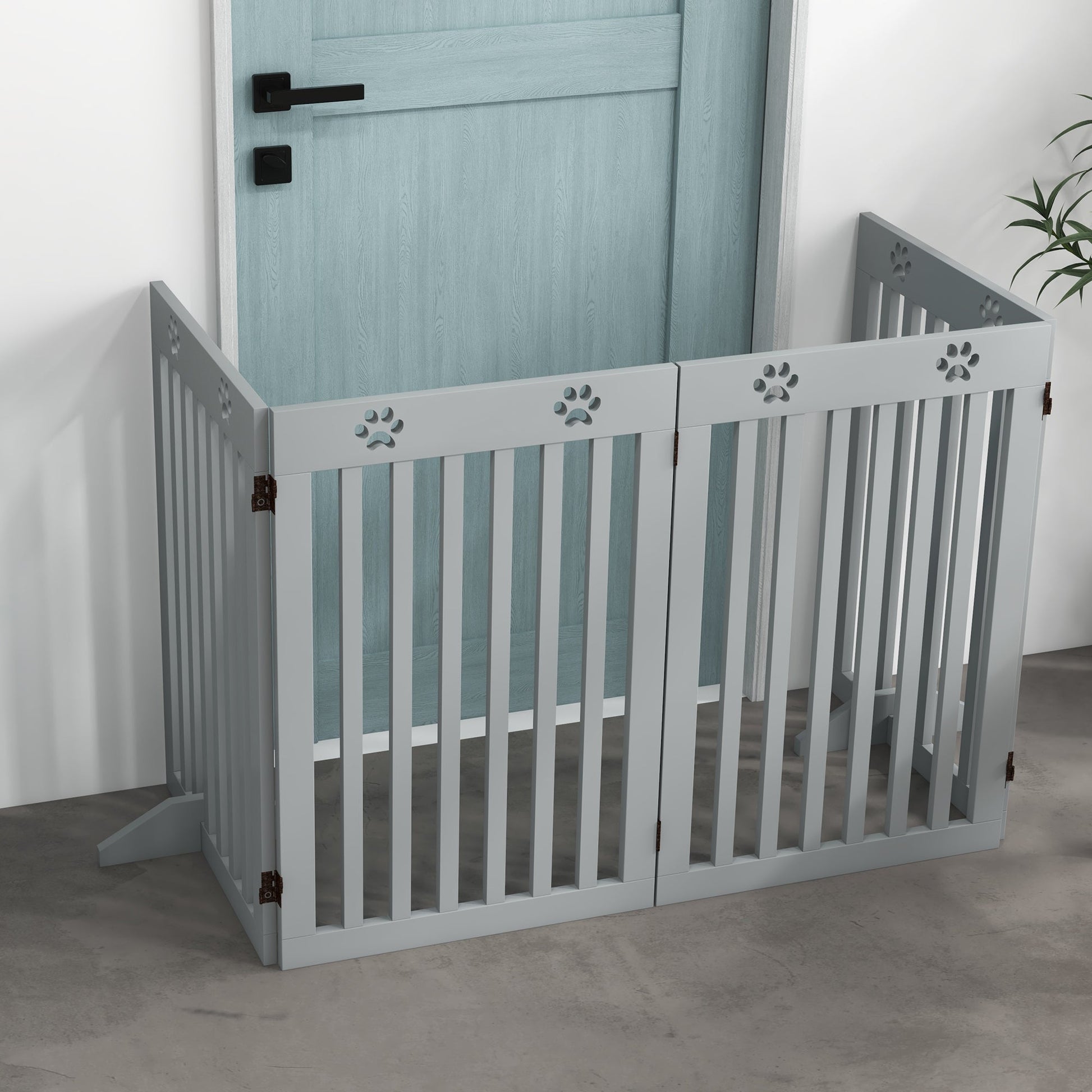 Freestanding Pet Gate 4 Panel Dog Barrier Folding Safety Fence with Support Feet up to 80.25" Long 29.5" Tall for Doorway Stairs Black Light Grey
