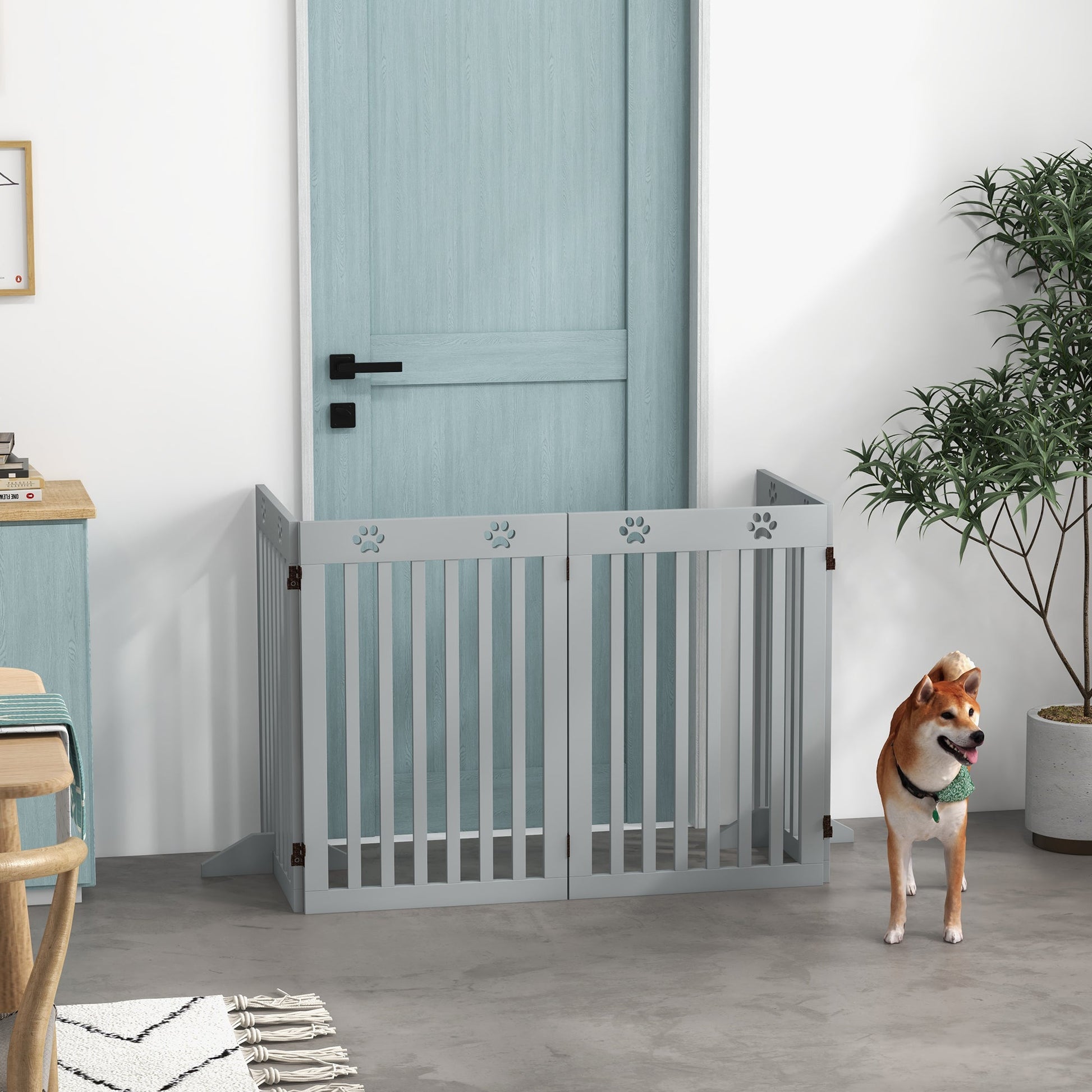 Freestanding Pet Gate 4 Panel Dog Barrier Folding Safety Fence with Support Feet up to 80.25" Long 29.5" Tall for Doorway Stairs Black Light Grey
