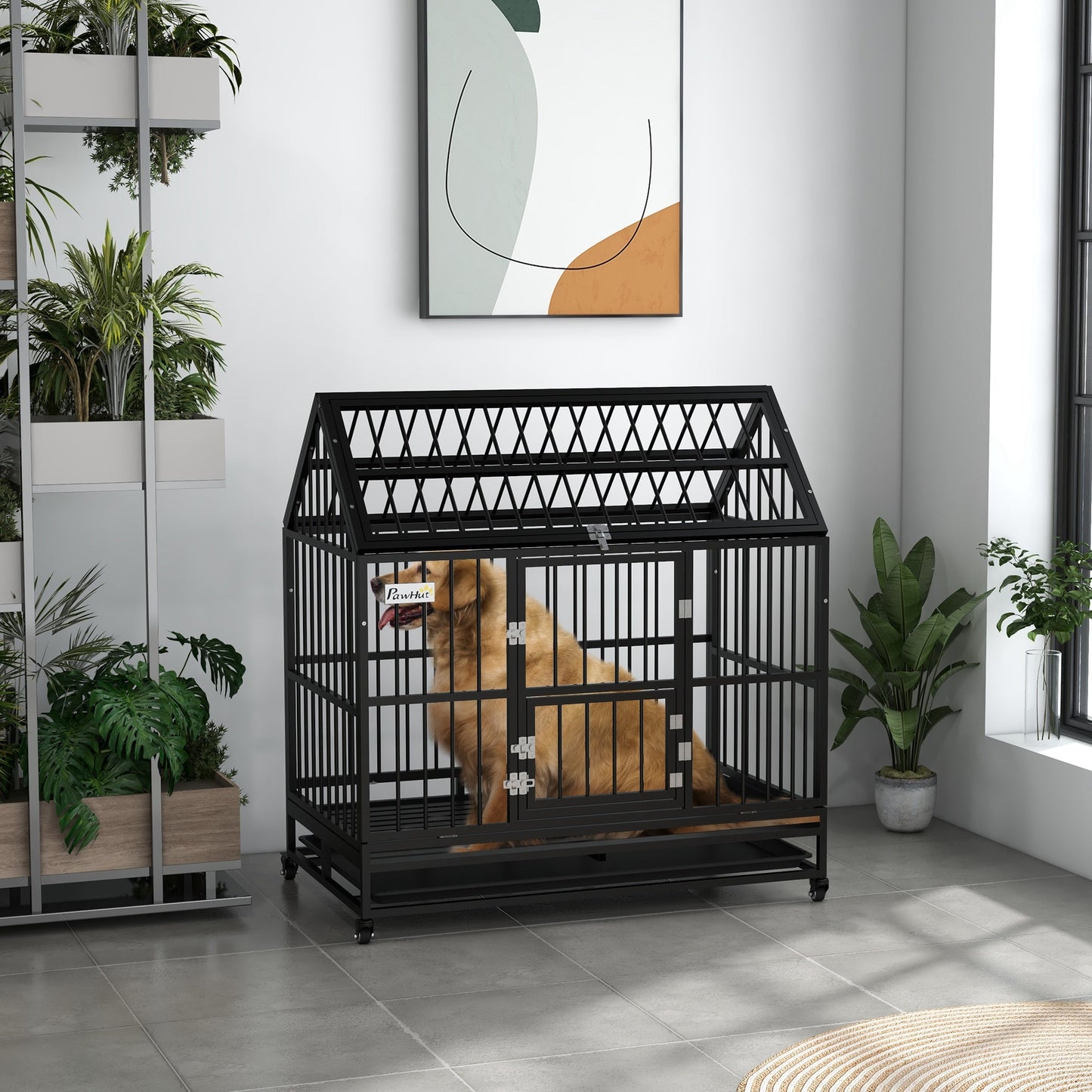 Heavy Duty Dog Crate, 49" Metal Dog Kennel Cage with Removable Tray, Doors, Openable Roof, Wheels, for Large and Extra Large Dogs, Black