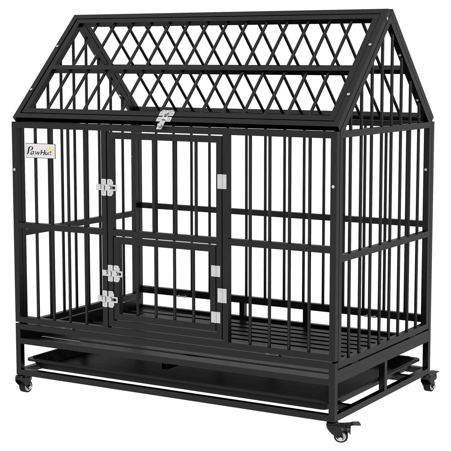Heavy Duty Dog Crate, 49" Metal Dog Kennel Cage with Removable Tray, Doors, Openable Roof, Wheels, for Large and Extra Large Dogs, Black