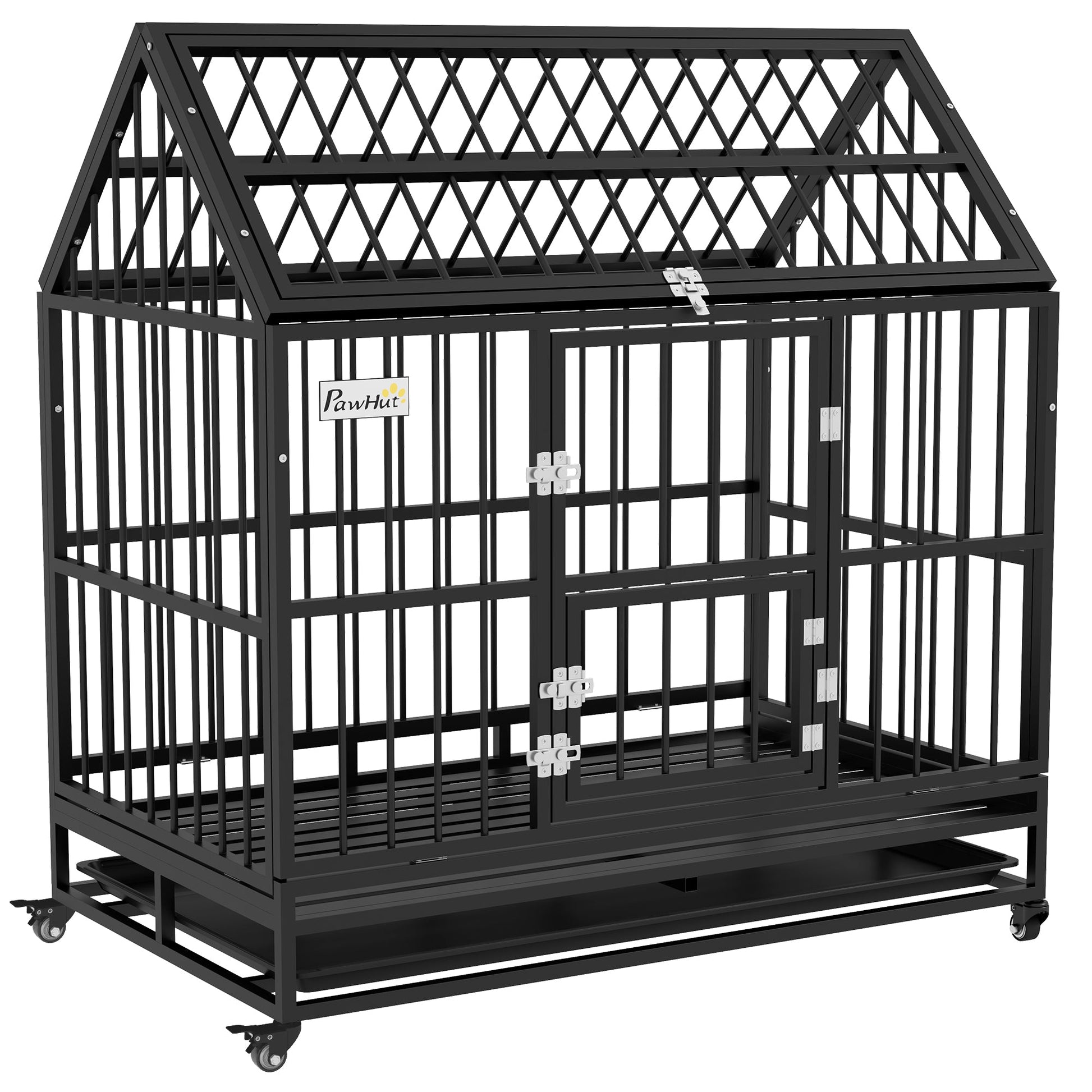 Heavy Duty Dog Crate, 49" Metal Dog Kennel Cage with Removable Tray, Doors, Openable Roof, Wheels, for Large and Extra Large Dogs, Black