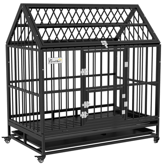 Heavy Duty Dog Crate, 49" Metal Dog Kennel Cage with Removable Tray, Doors, Openable Roof, Wheels, for Large and Extra Large Dogs, Black