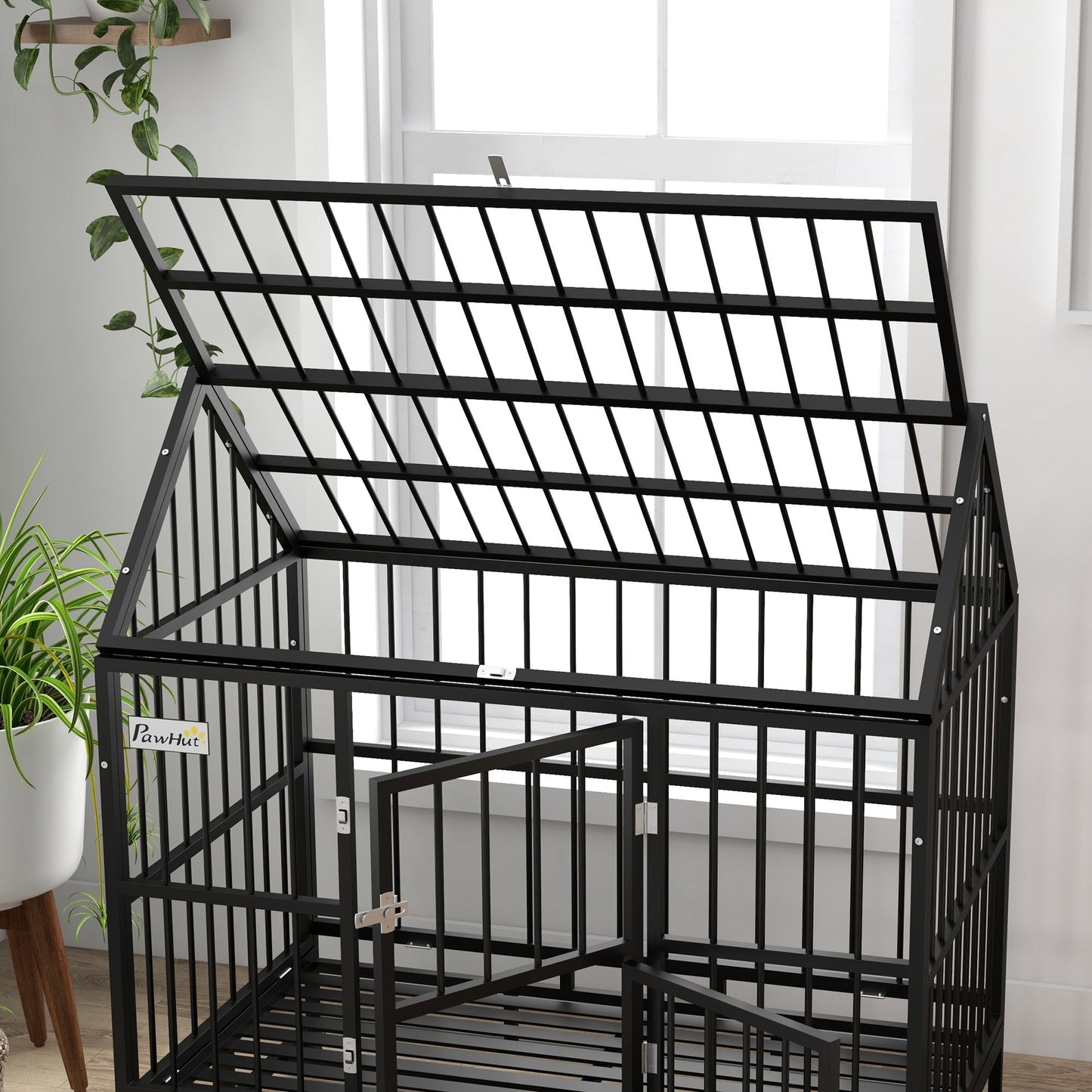 Heavy Duty Dog Crate, 49" Metal Dog Kennel Cage with Removable Tray, Doors, Openable Roof, Wheels, for Large and Extra Large Dogs, Black