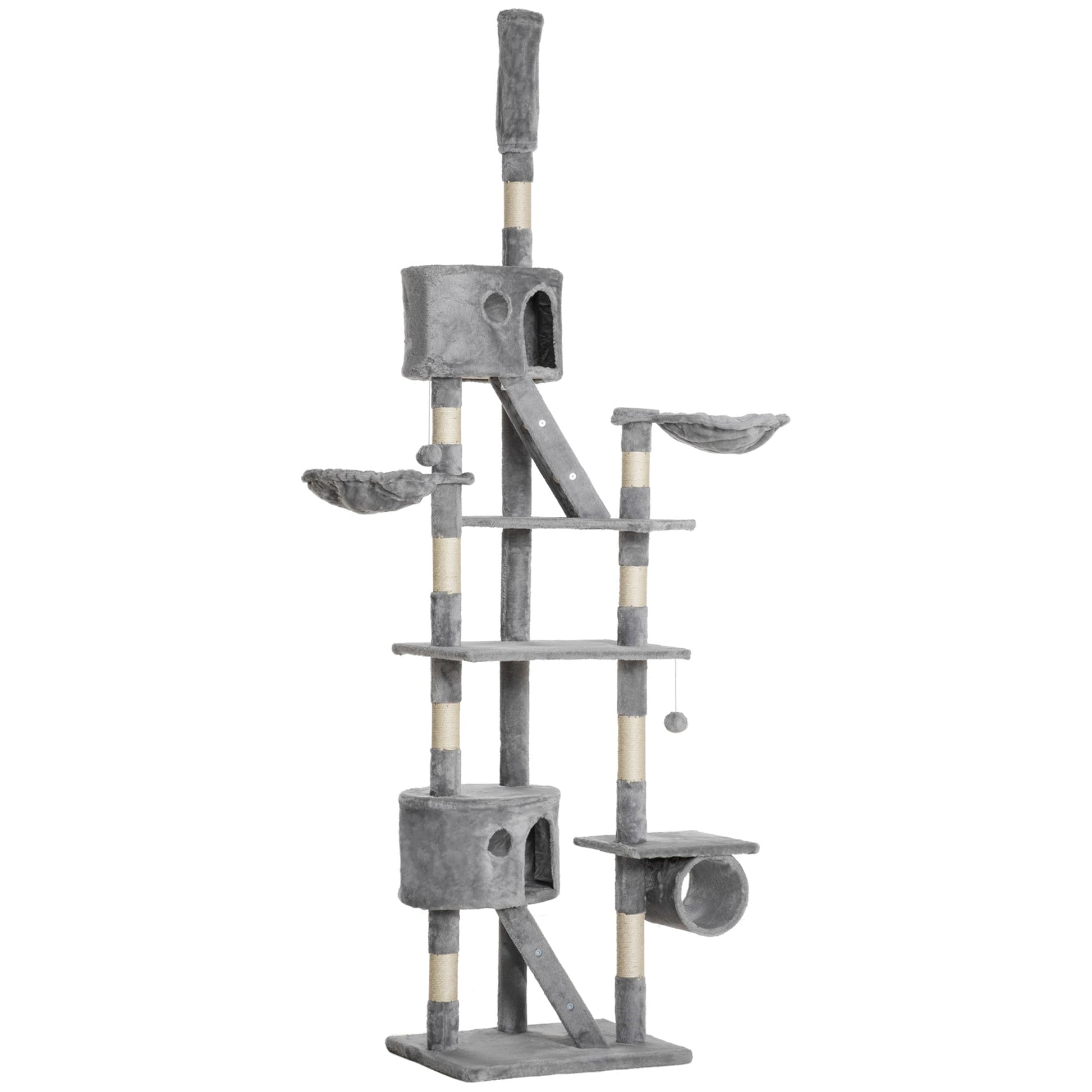 Cat Tower for Large Cats Adult, Floor to Ceiling Cat Tree Adjustable Height 94"-102" Multi-Level with Scratching Posts, Cozy Hammock, Dangling Ball Toy, Light Grey