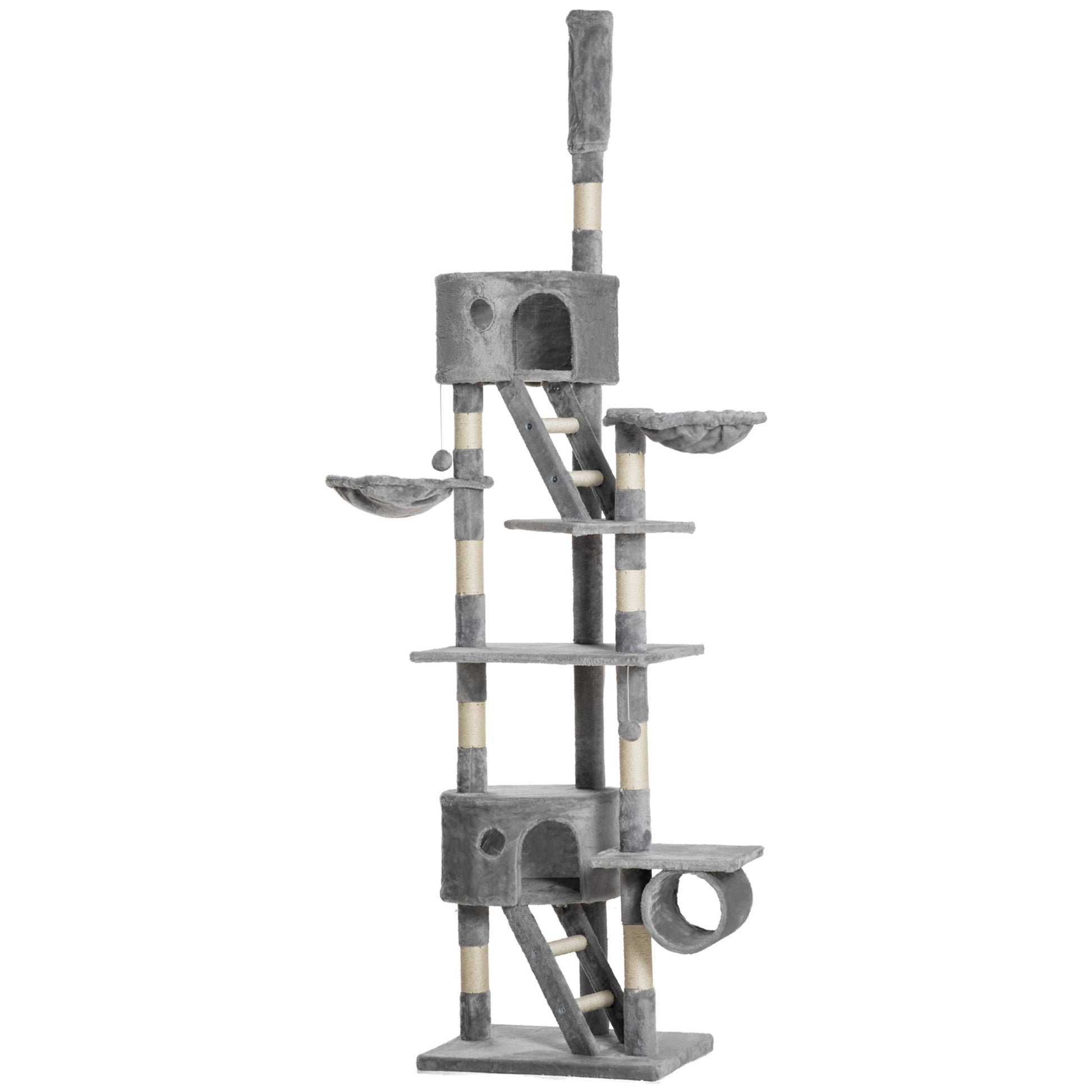 Cat Tower for Large Cats Adult, Floor to Ceiling Cat Tree Adjustable Height 94"-102" Multi-Level with Scratching Posts, Cozy Hammock, Dangling Ball Toy, Light Grey