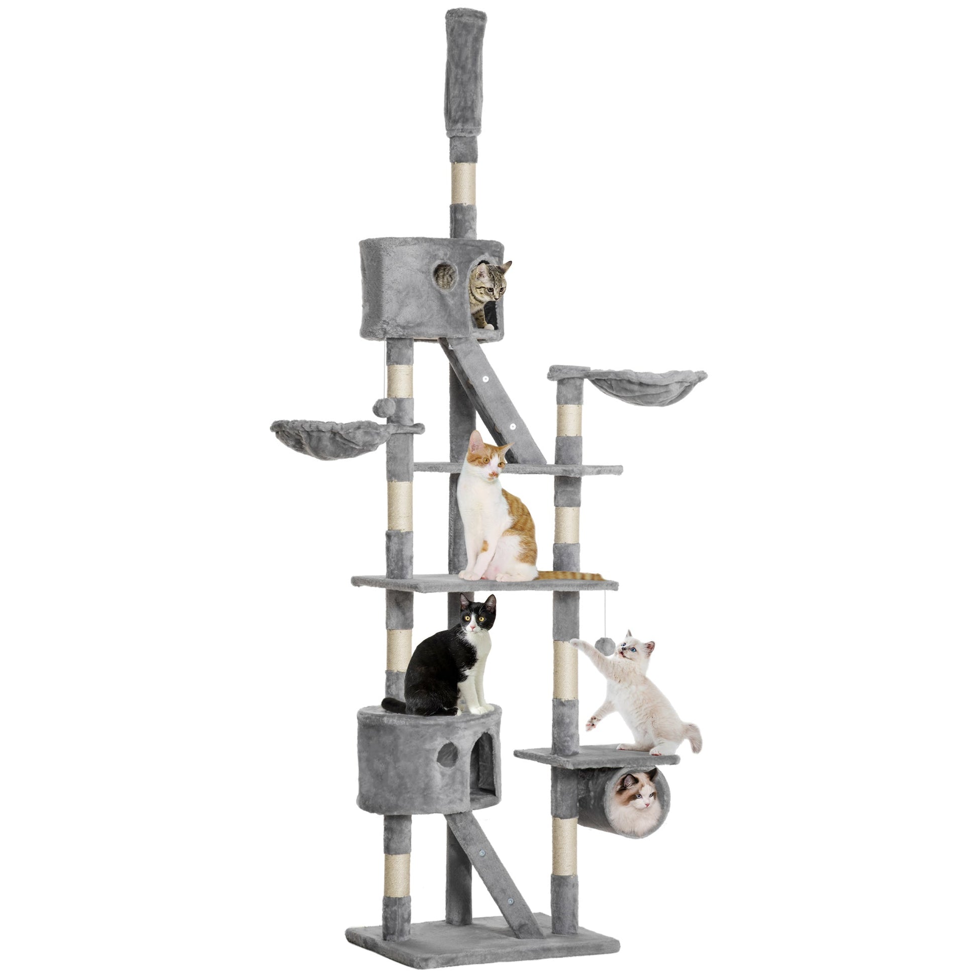 Cat Tower for Large Cats Adult, Floor to Ceiling Cat Tree Adjustable Height 94"-102" Multi-Level with Scratching Posts, Cozy Hammock, Dangling Ball Toy, Light Grey