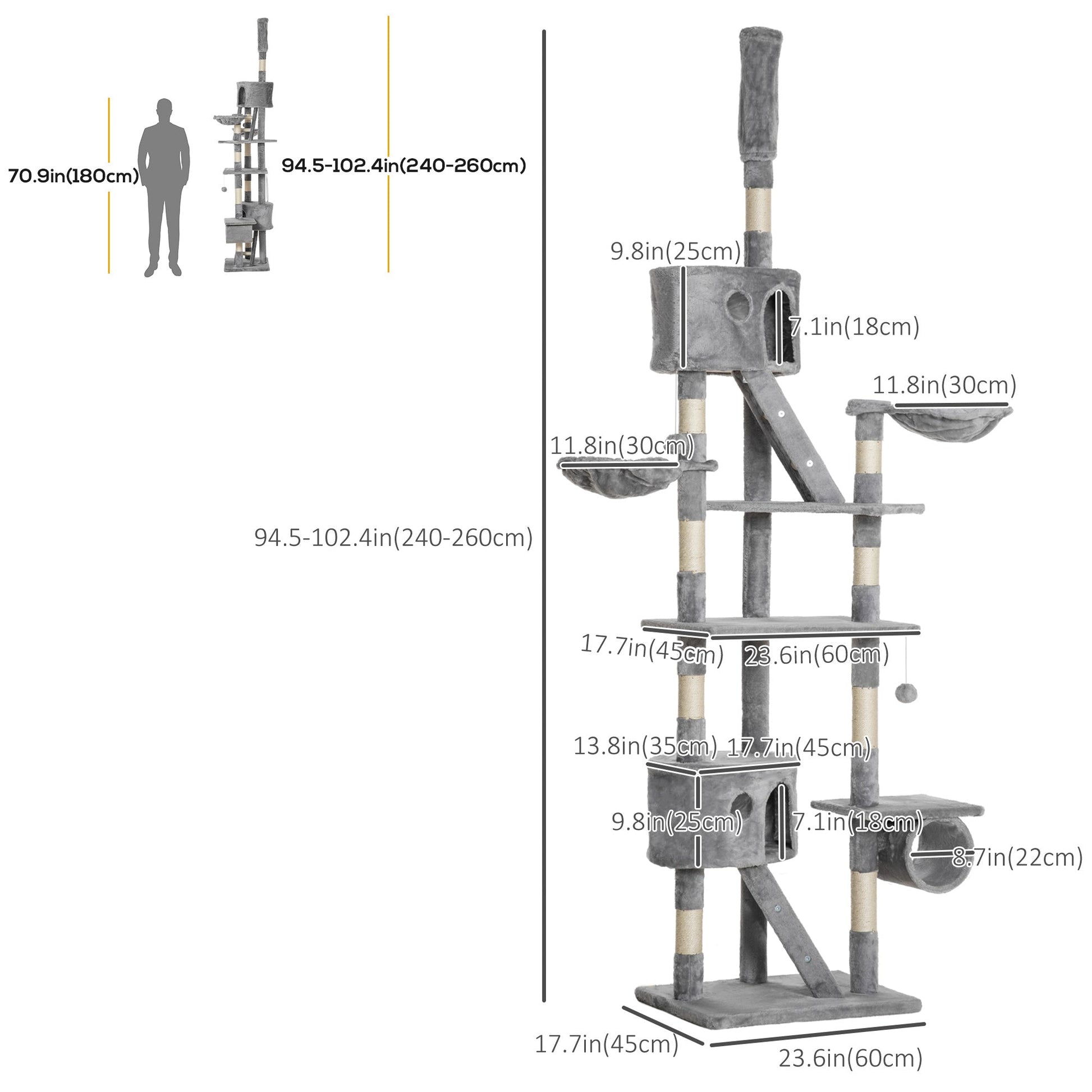 Cat Tower for Large Cats Adult, Floor to Ceiling Cat Tree Adjustable Height 94"-102" Multi-Level with Scratching Posts, Cozy Hammock, Dangling Ball Toy, Light Grey