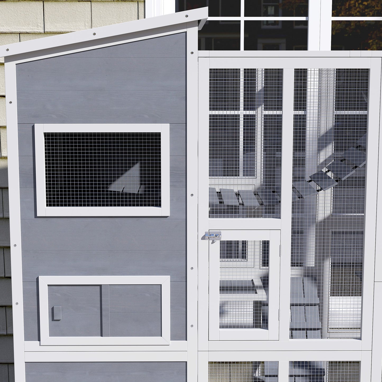 Catio Outdoor Cat Enclosure, 76" L Large Weatherproof Cat House with Cat Condo, Jumping Platforms, Ladder, Ramps, Hammock for 2-3 Indoor Cats, Grey