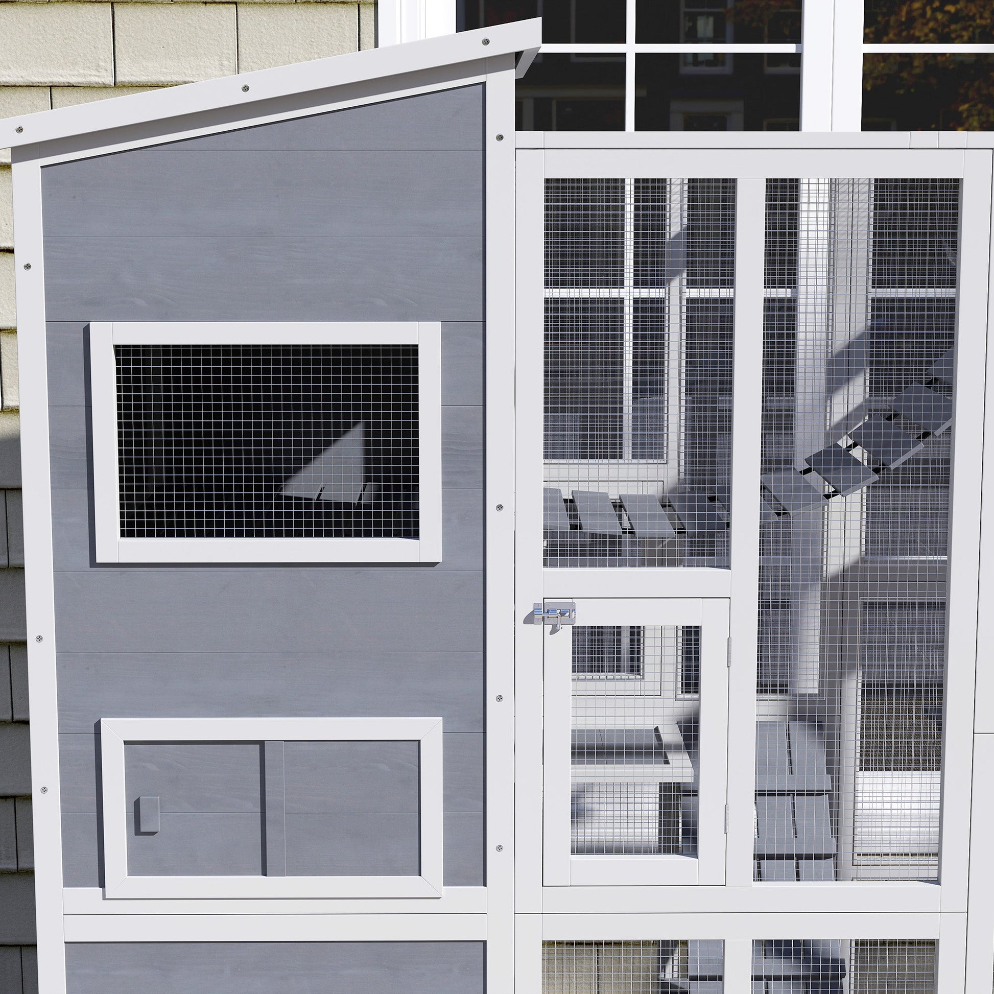 Catio Outdoor Cat Enclosure, 76" L Large Weatherproof Cat House with Cat Condo, Jumping Platforms, Ladder, Ramps, Hammock for 2-3 Indoor Cats, Grey