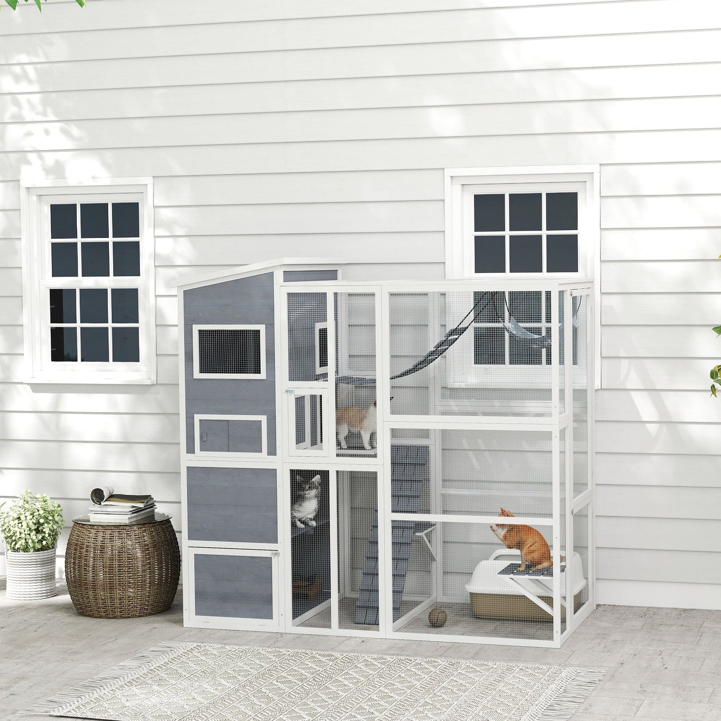 Catio Outdoor Cat Enclosure, 76" L Large Weatherproof Cat House with Cat Condo, Jumping Platforms, Ladder, Ramps, Hammock for 2-3 Indoor Cats, Grey