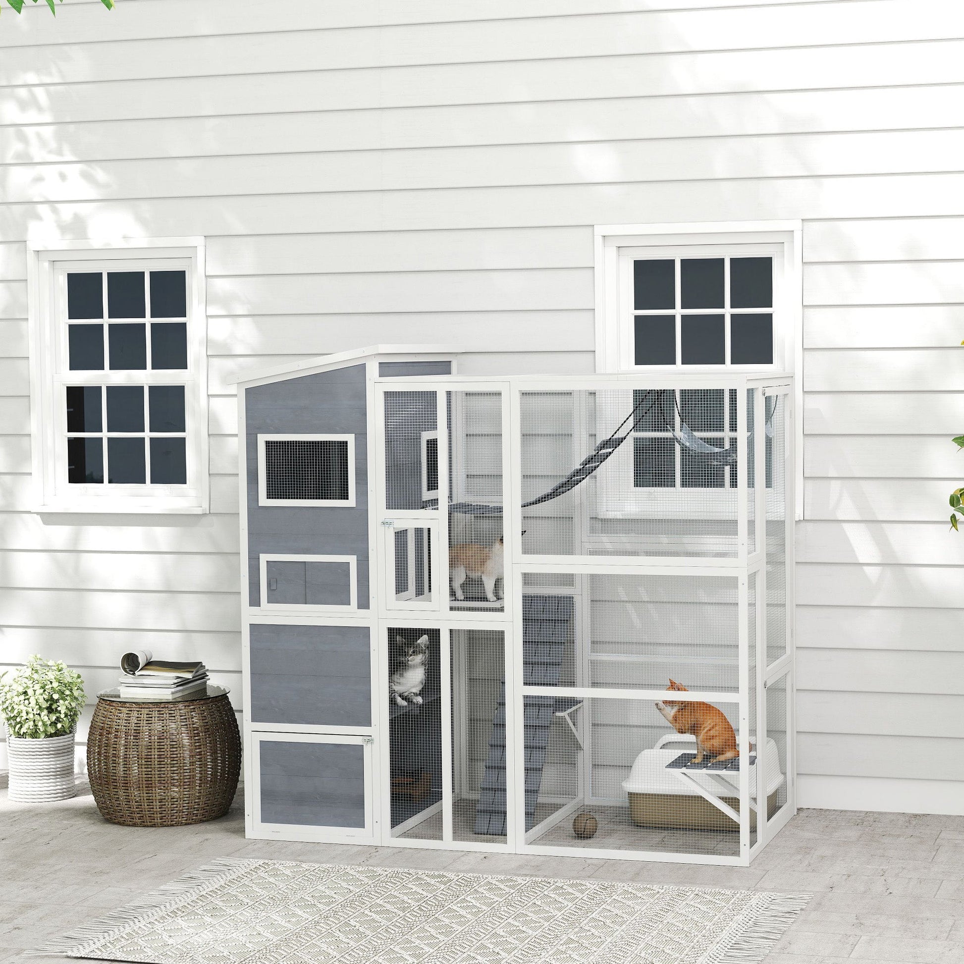 Catio Outdoor Cat Enclosure, 76" L Large Weatherproof Cat House with Cat Condo, Jumping Platforms, Ladder, Ramps, Hammock for 2-3 Indoor Cats, Grey