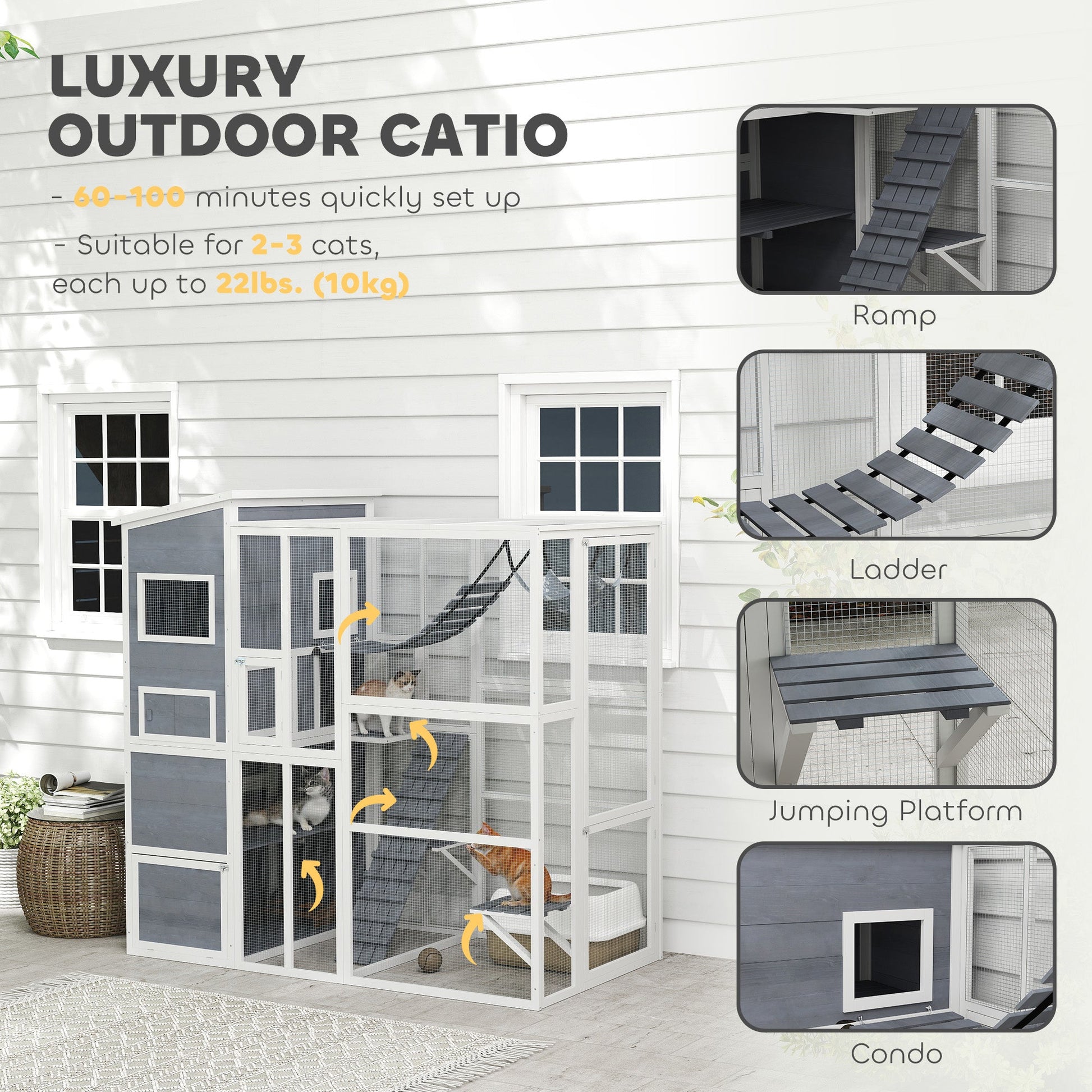 Catio Outdoor Cat Enclosure, 76" L Large Weatherproof Cat House with Cat Condo, Jumping Platforms, Ladder, Ramps, Hammock for 2-3 Indoor Cats, Grey