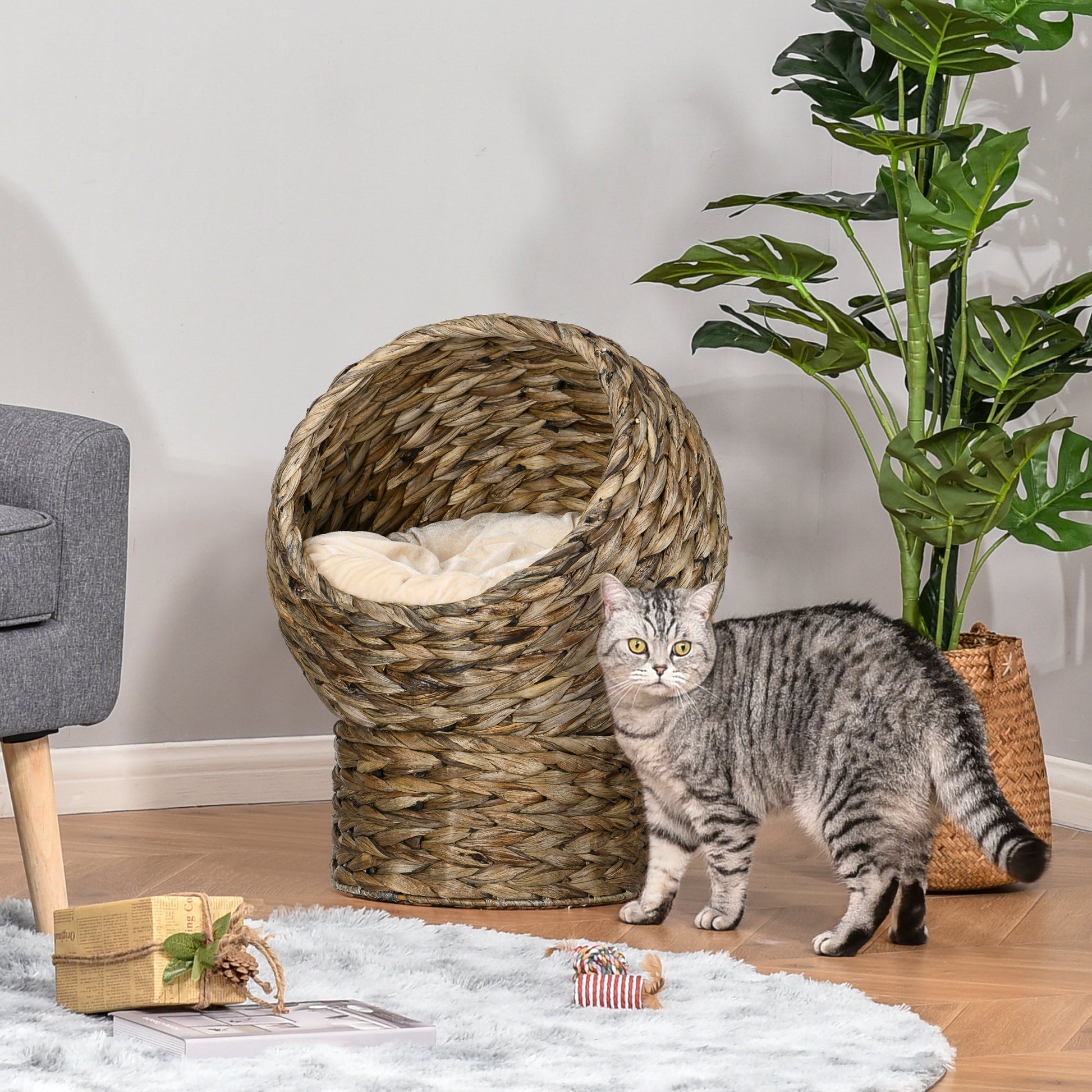 Wicker Cat Bed, Elevated Rattan Kitten Bed with Cushion, Handwoven Cat Egg Chair Kitty House with Stand for Indoor Cats, Grey