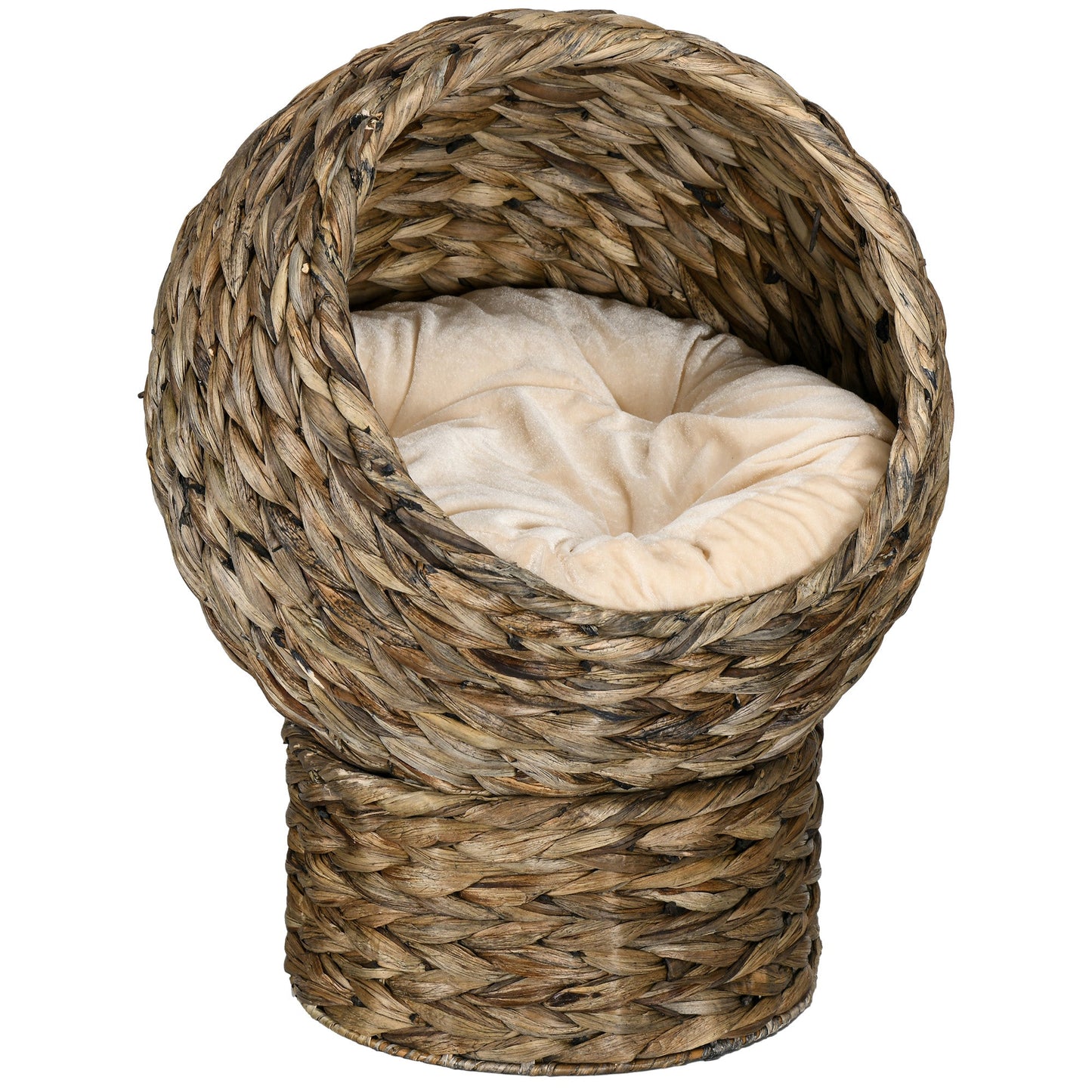 Wicker Cat Bed, Elevated Rattan Kitten Bed with Cushion, Handwoven Cat Egg Chair Kitty House with Stand for Indoor Cats, Grey