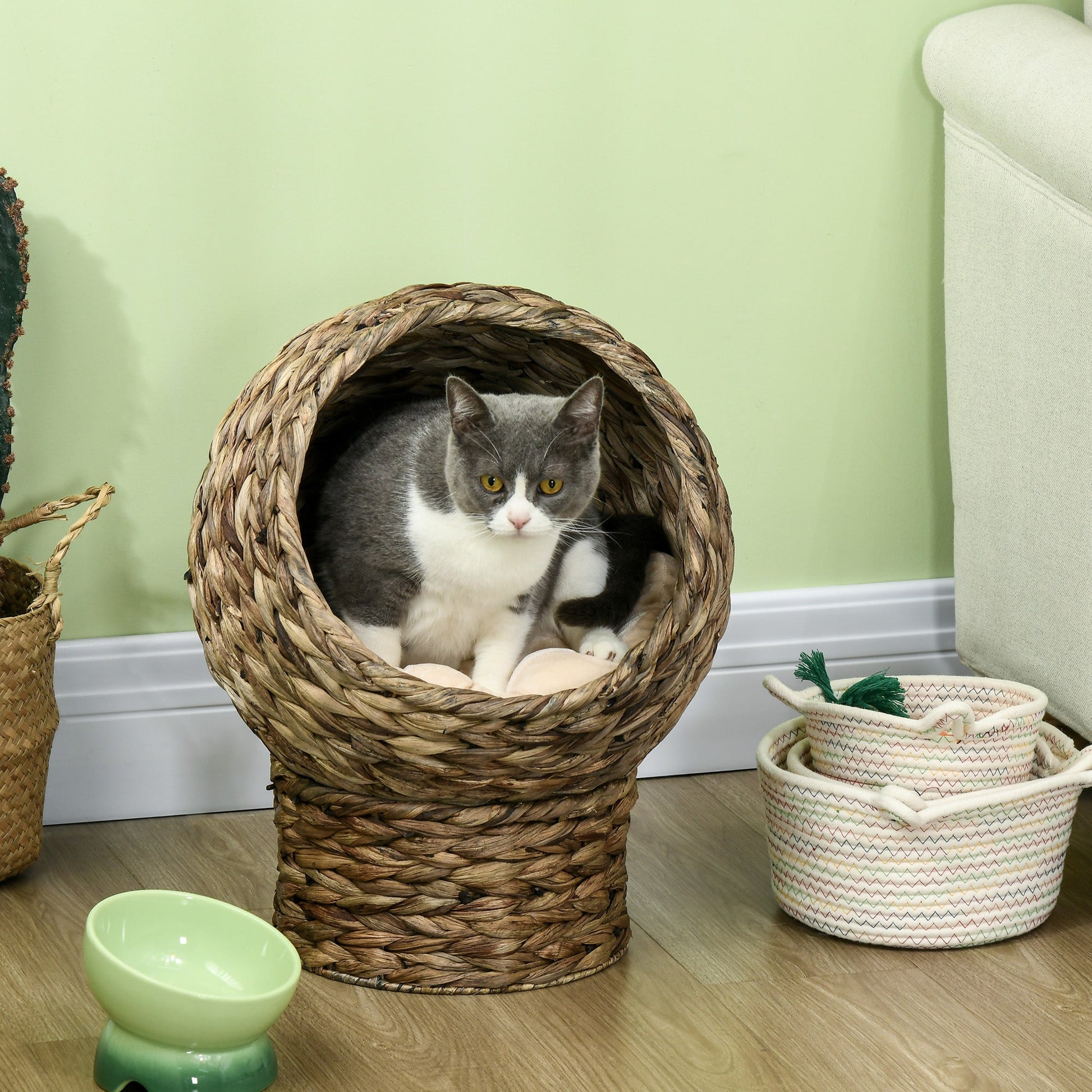 Wicker Cat Bed, Elevated Rattan Kitten Bed with Cushion, Handwoven Cat Egg Chair Kitty House with Stand for Indoor Cats, Grey