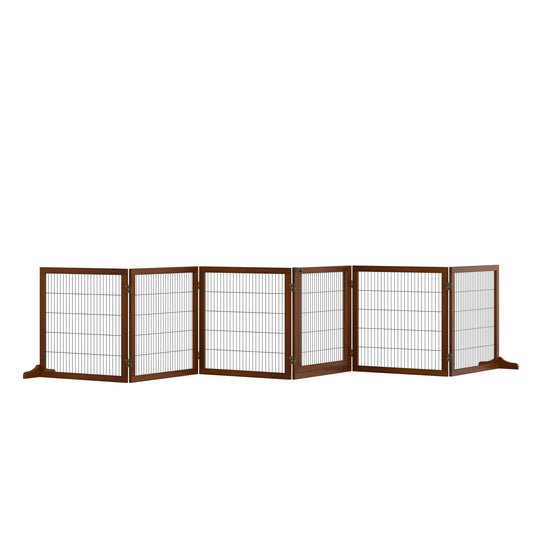 Wooden Pet Gate, Dog Safety Barrier, Freestanding Foldable Fence, w/ 6 Panels, 2 Support Feet, for House Doorway Stairs, Small & Medium Dogs, Coffee