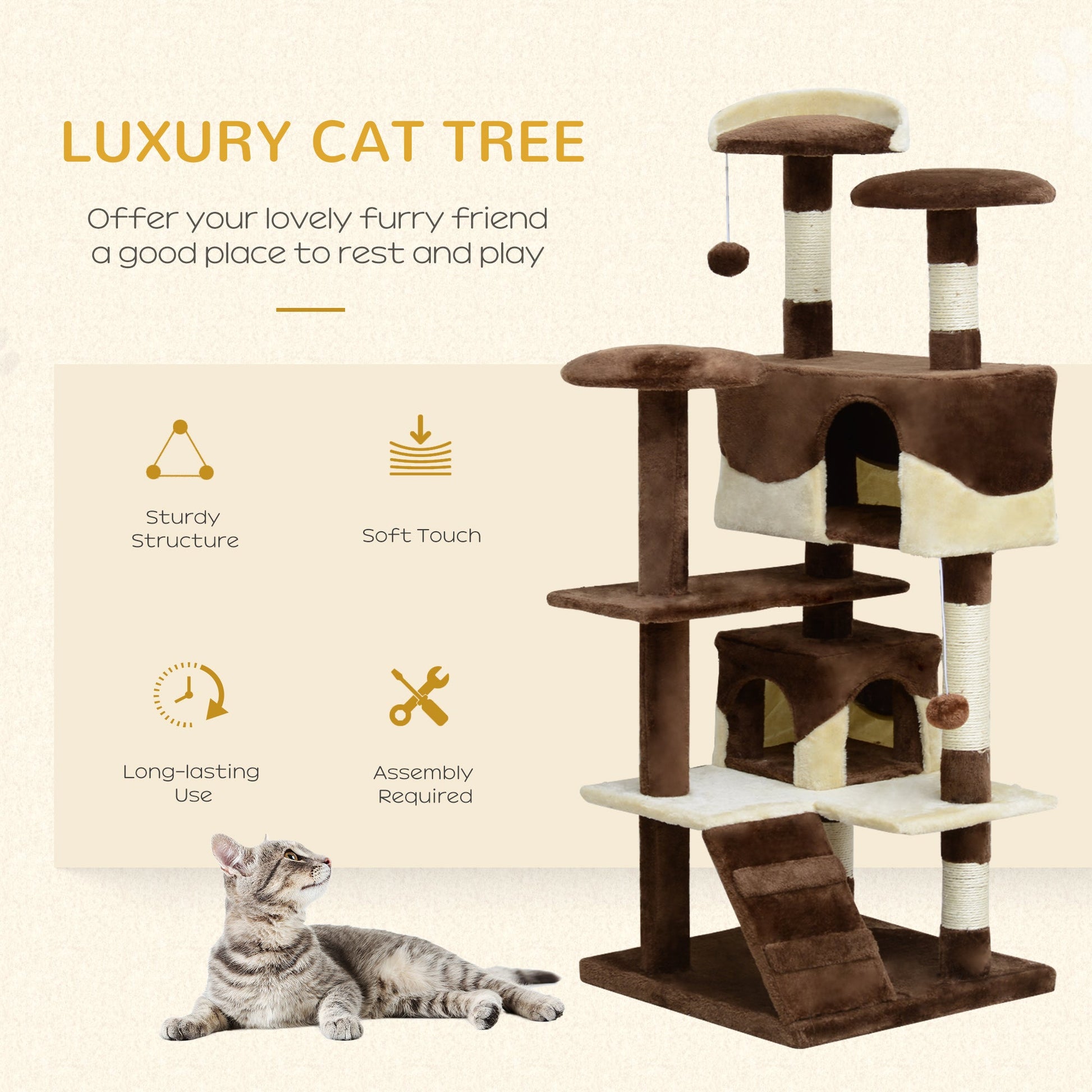 53" Cat Tree Tower, Large Cat Condo Furniture Multi-Level Activity Center with Scratching Posts, Perches, Ramp, Dangling Balls - Coffee