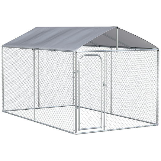 Dog Kennel Outdoor Run Fence with Roof, Steel Lock, Mesh Sidewalls for Backyard & Patio, 13.1' x 7.5' x 7.5'