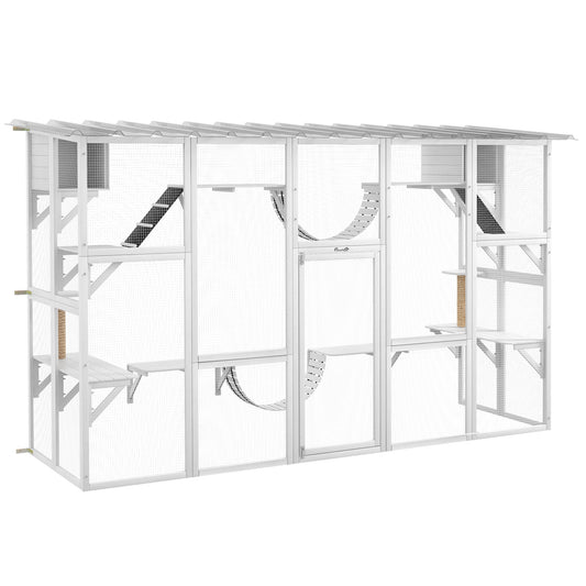Catio, Large Outdoor Cat Enclosure with Cat Condos, Platforms, Ladders, Doors, Weather-Resistant Roof, Wooden Cat Cage for 1-4 Cats, White