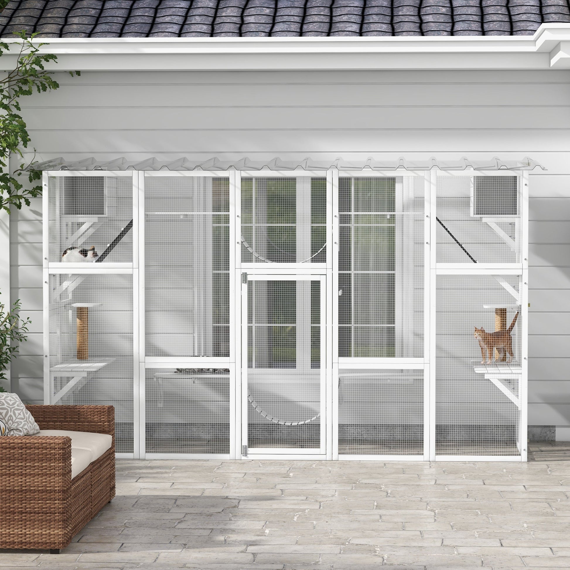 Catio, Large Outdoor Cat Enclosure with Cat Condos, Platforms, Ladders, Doors, Weather-Resistant Roof, Wooden Cat Cage for 1-4 Cats, White