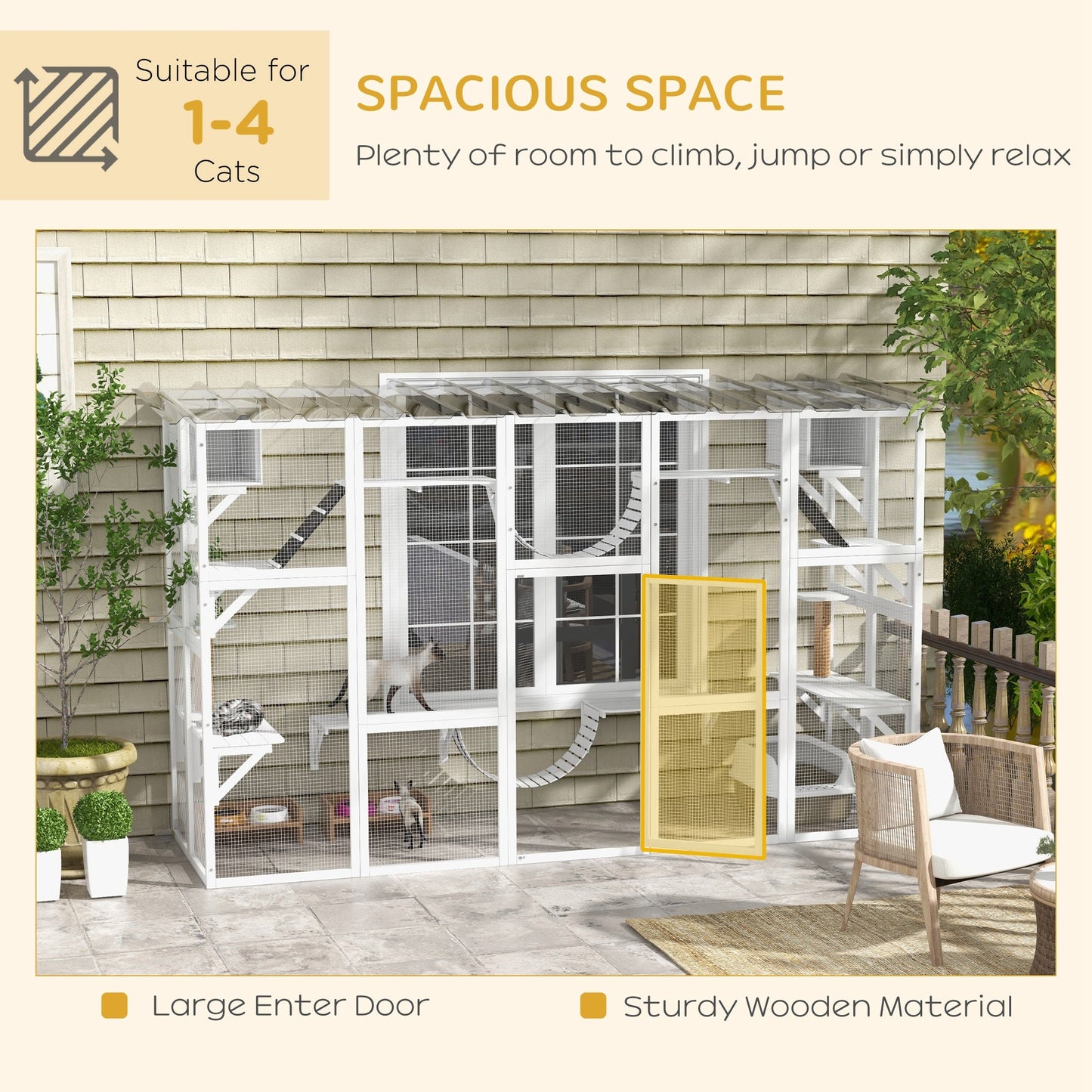Catio, Large Outdoor Cat Enclosure with Cat Condos, Platforms, Ladders, Doors, Weather-Resistant Roof, Wooden Cat Cage for 1-4 Cats, White