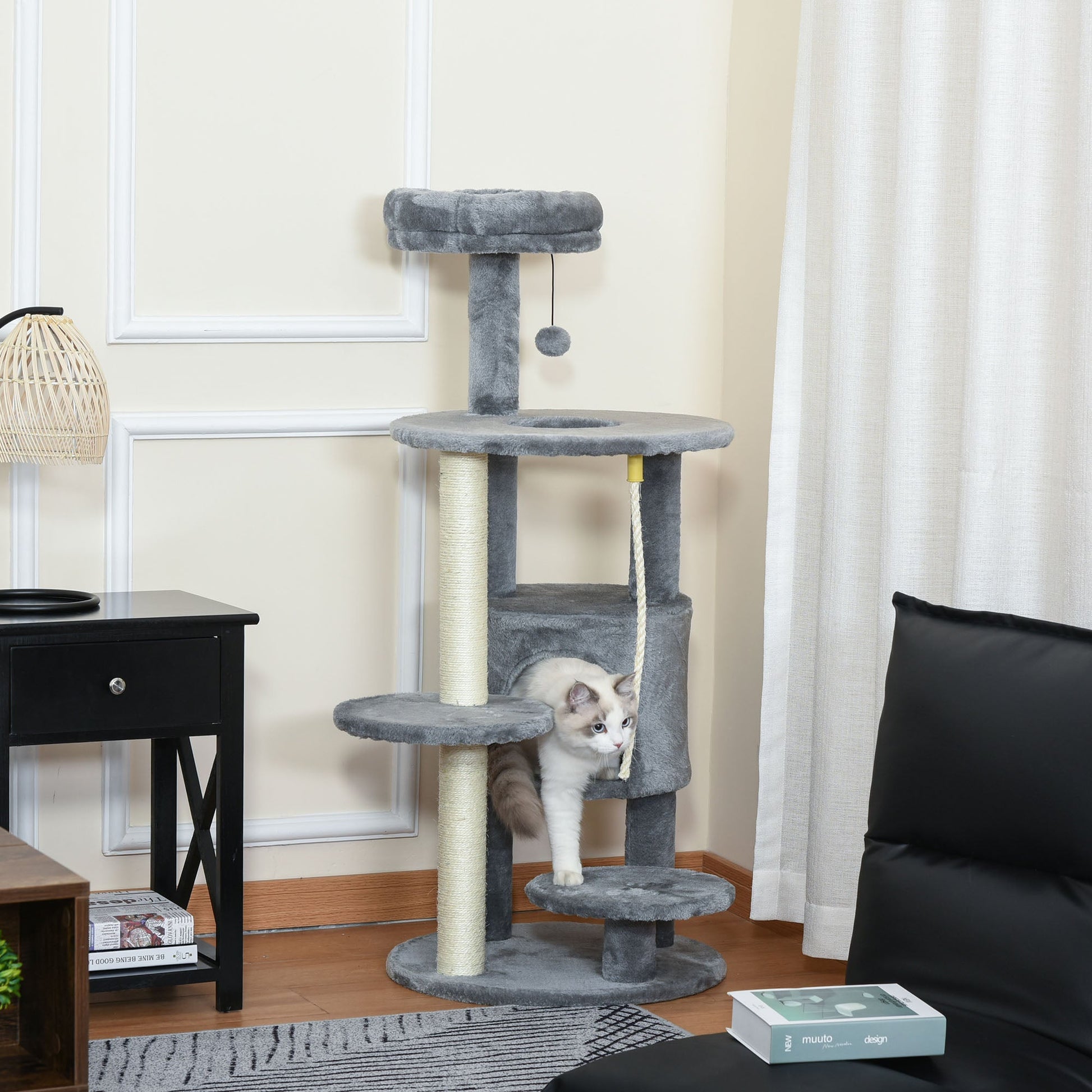 Cat Tree for Indoor Cats, 44 Inches Multi-Level Cat Tower, Climbing Activity Center with Jute Scratching Post, Perch, Hanging Ball Toy, Teasing Rope, Dark Grey