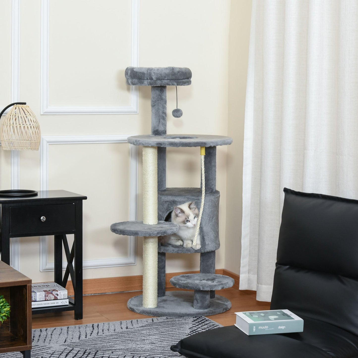 Cat Tree for Indoor Cats, 44 Inches Multi-Level Cat Tower, Climbing Activity Center with Jute Scratching Post, Perch, Hanging Ball Toy, Teasing Rope, Dark Grey