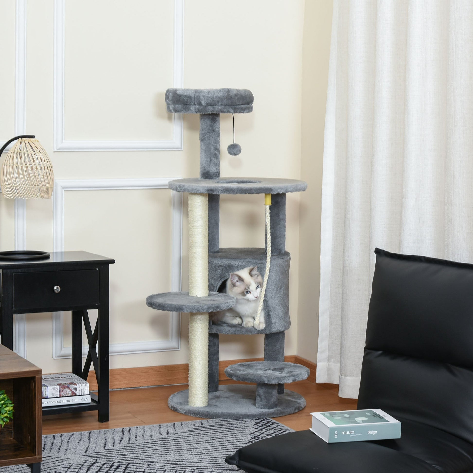 Cat Tree for Indoor Cats, 44 Inches Multi-Level Cat Tower, Climbing Activity Center with Jute Scratching Post, Perch, Hanging Ball Toy, Teasing Rope, Dark Grey