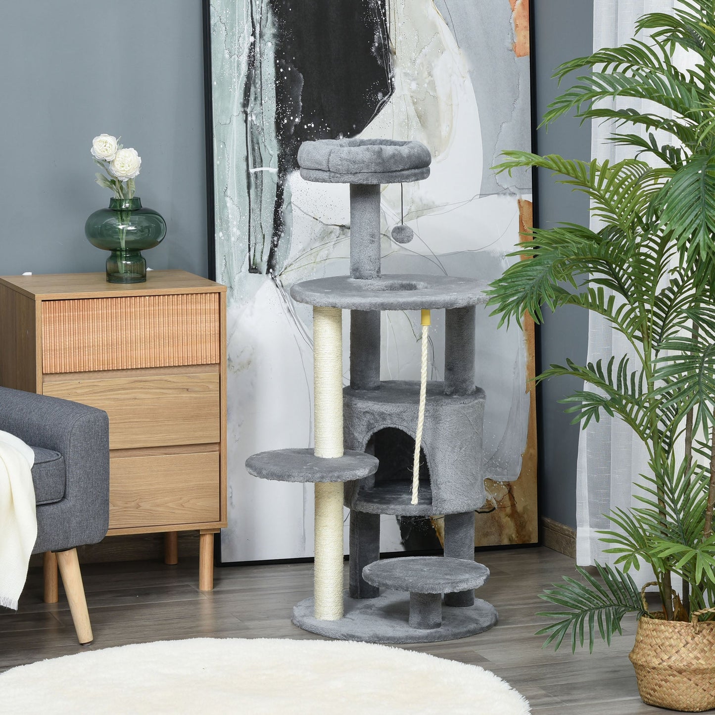 Cat Tree for Indoor Cats, 44 Inches Multi-Level Cat Tower, Climbing Activity Center with Jute Scratching Post, Perch, Hanging Ball Toy, Teasing Rope, Dark Grey