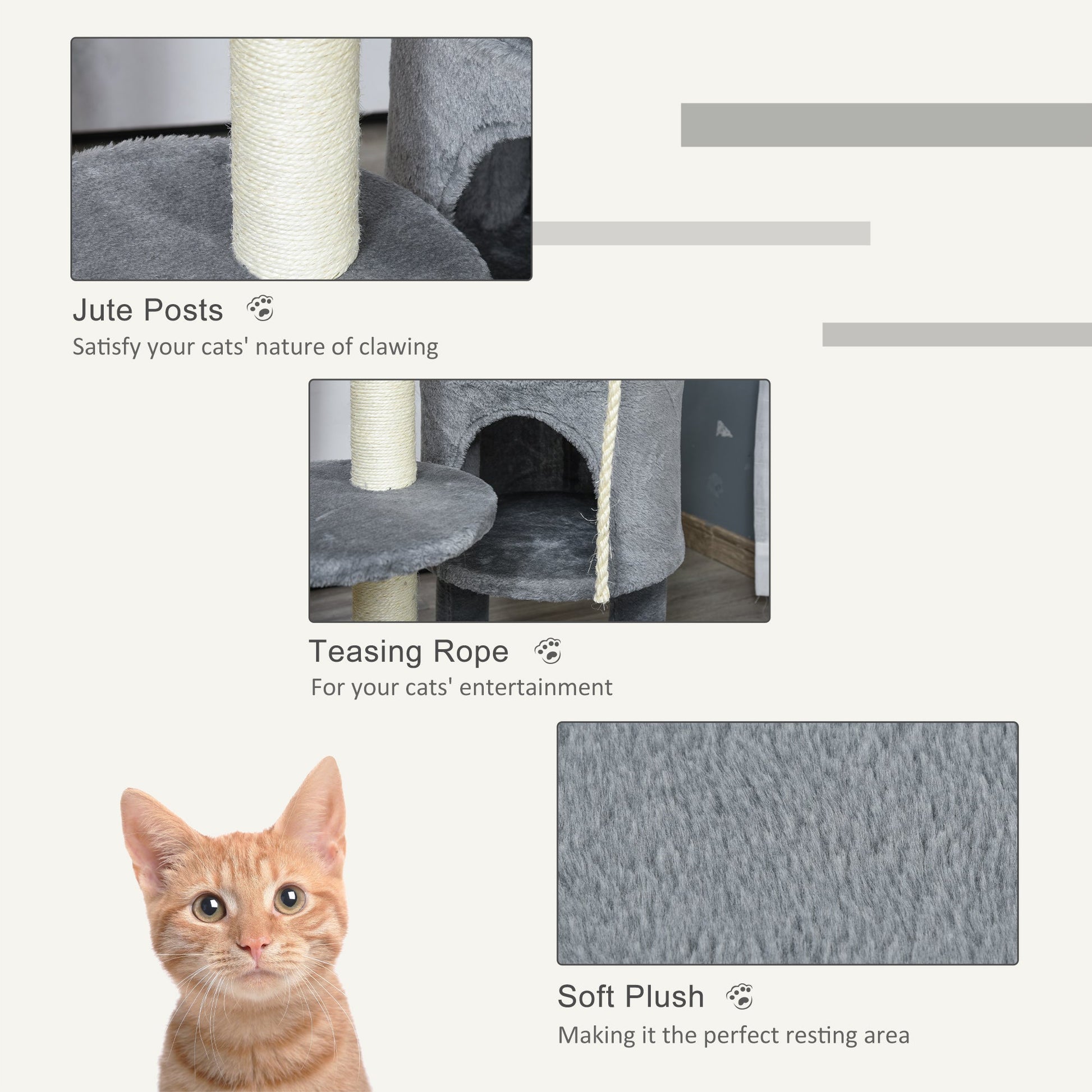 Cat Tree for Indoor Cats, 44 Inches Multi-Level Cat Tower, Climbing Activity Center with Jute Scratching Post, Perch, Hanging Ball Toy, Teasing Rope, Dark Grey