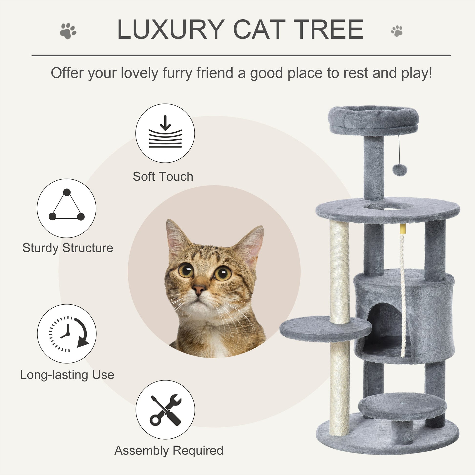 Cat Tree for Indoor Cats, 44 Inches Multi-Level Cat Tower, Climbing Activity Center with Jute Scratching Post, Perch, Hanging Ball Toy, Teasing Rope, Dark Grey