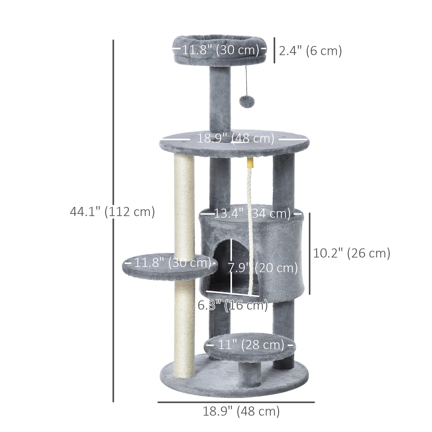 Cat Tree for Indoor Cats, 44 Inches Multi-Level Cat Tower, Climbing Activity Center with Jute Scratching Post, Perch, Hanging Ball Toy, Teasing Rope, Dark Grey