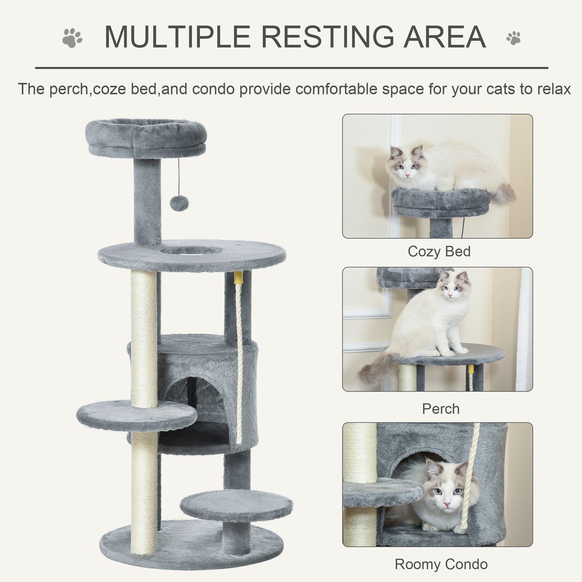 Cat Tree for Indoor Cats, 44 Inches Multi-Level Cat Tower, Climbing Activity Center with Jute Scratching Post, Perch, Hanging Ball Toy, Teasing Rope, Dark Grey