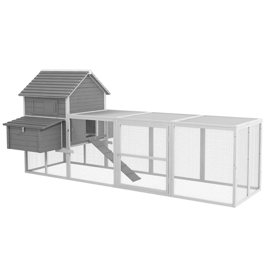 123" Extra Large Chicken Coop, Wooden Chicken Run with Nesting Boxes, Run, Doors, Tray, Ramp for 4-6 Chickens, Rabbits, Ducks Outdoor Use, Grey